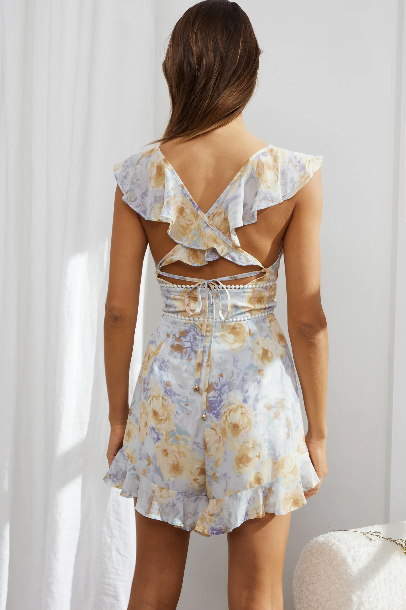 Catch Feelings Ruffle Strap Romper Floral Ink - Sonourner