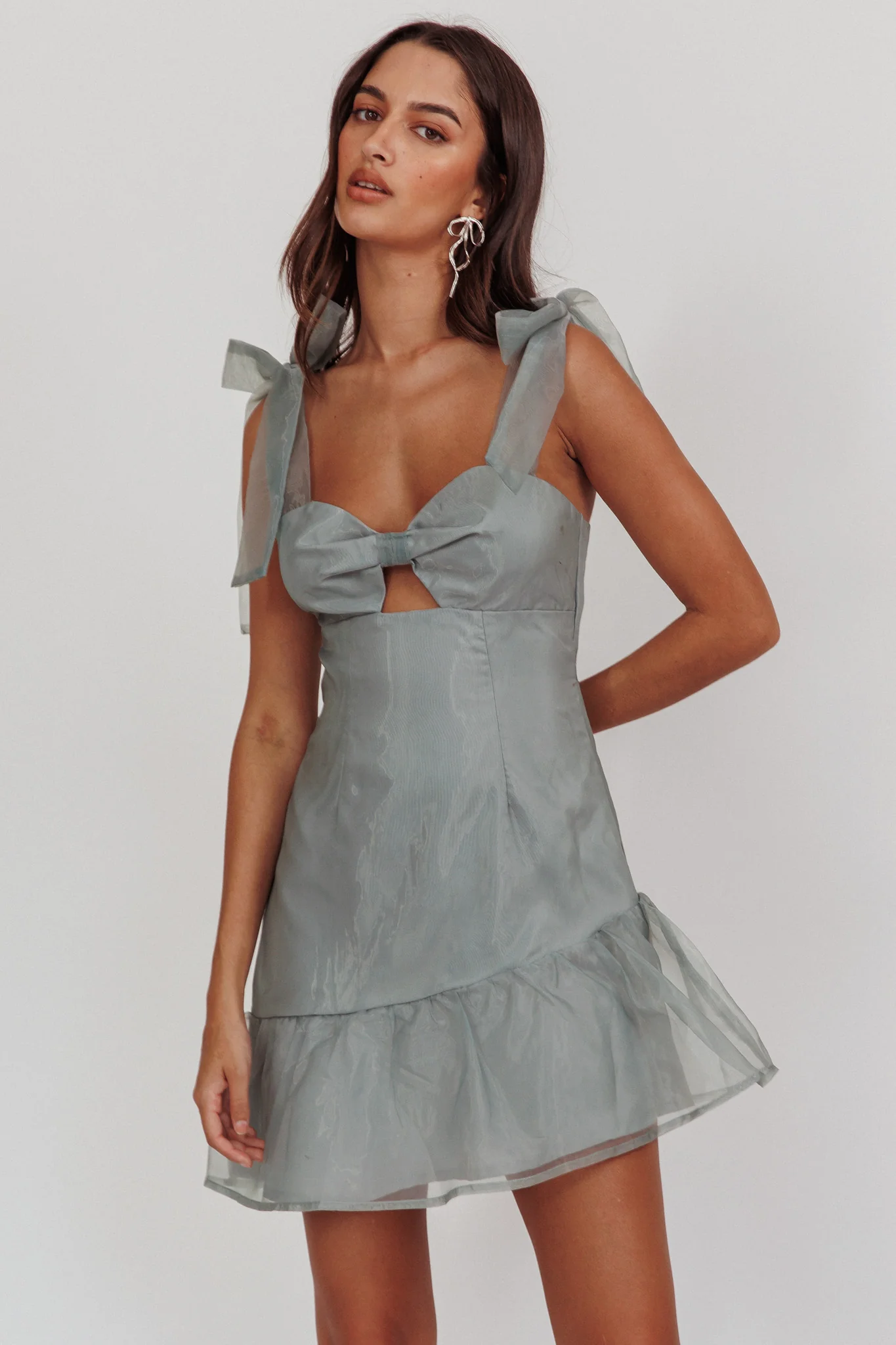 Alexia Bow Shoulder Ruffle Hem Mini Dress Sage - Sonourner
