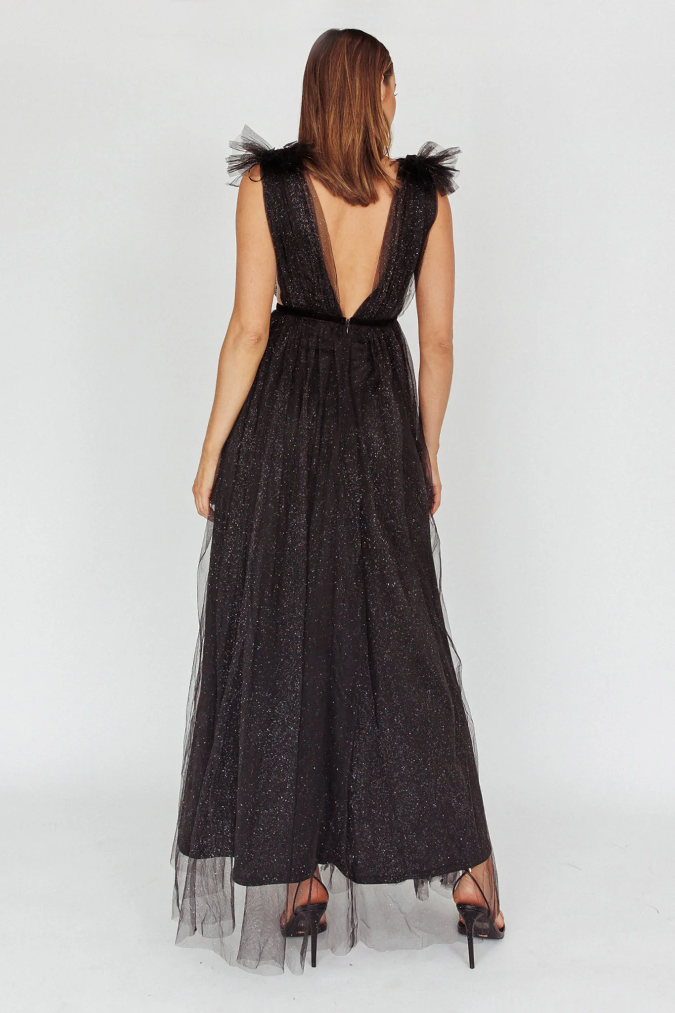 Ludivine Shoulder Accent Mesh Midi Dress Glitter Black - Sonourner