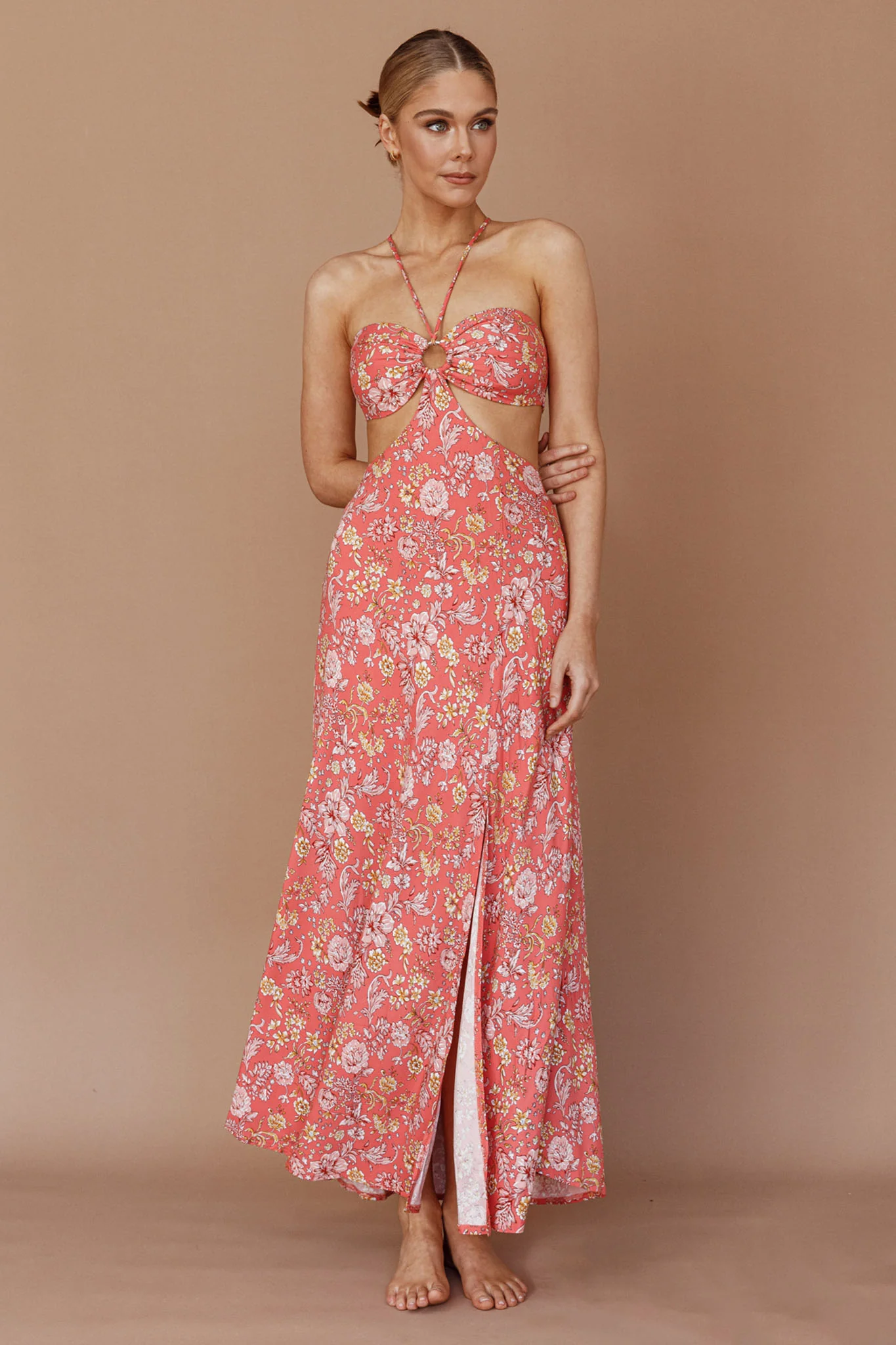 Amorcito Cut-Out Waist Midi Dress Floral Red - Sonourner