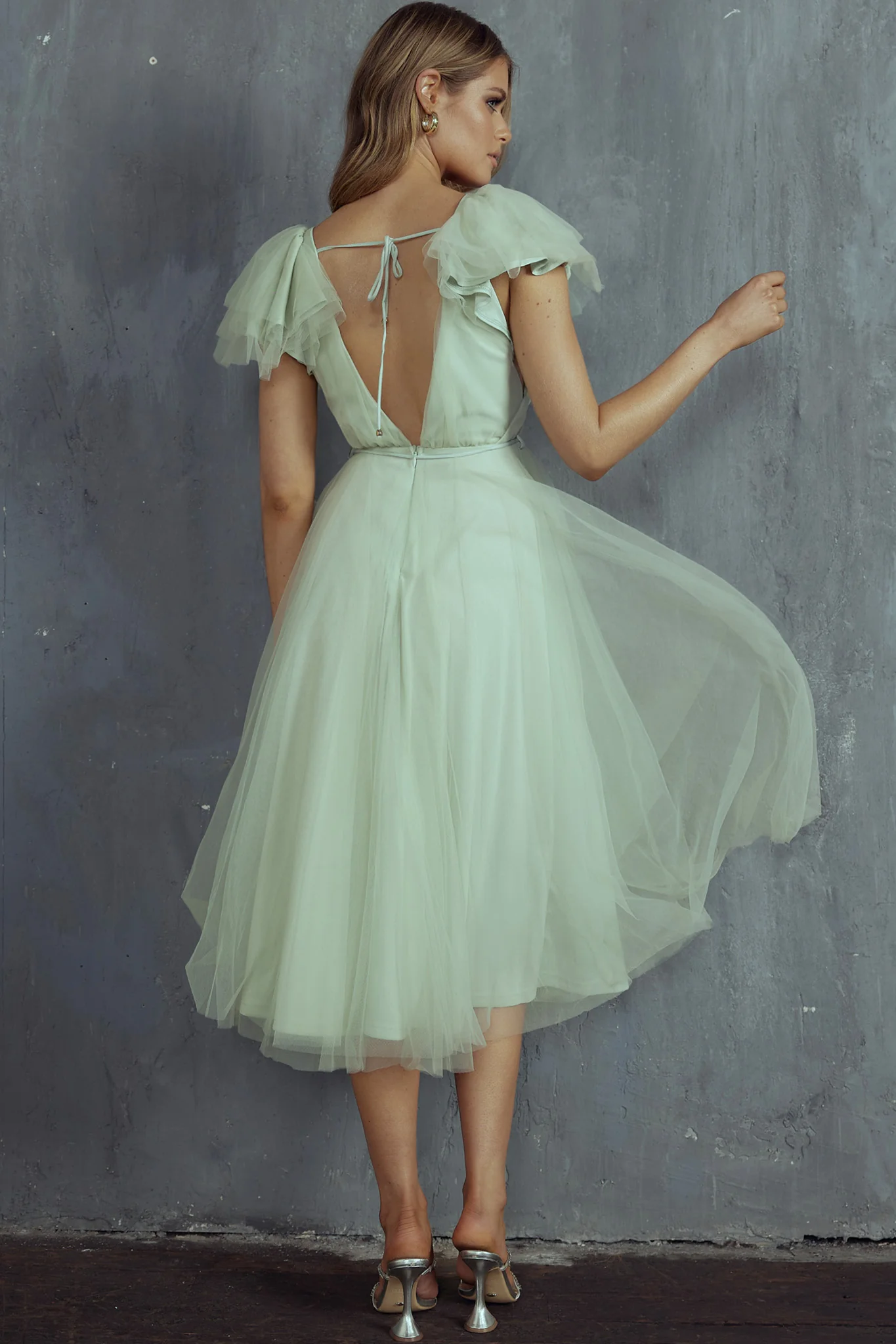 Leap Of Faith Frill Shoulder Tulle Midi Dress Pistachio - Sonourner