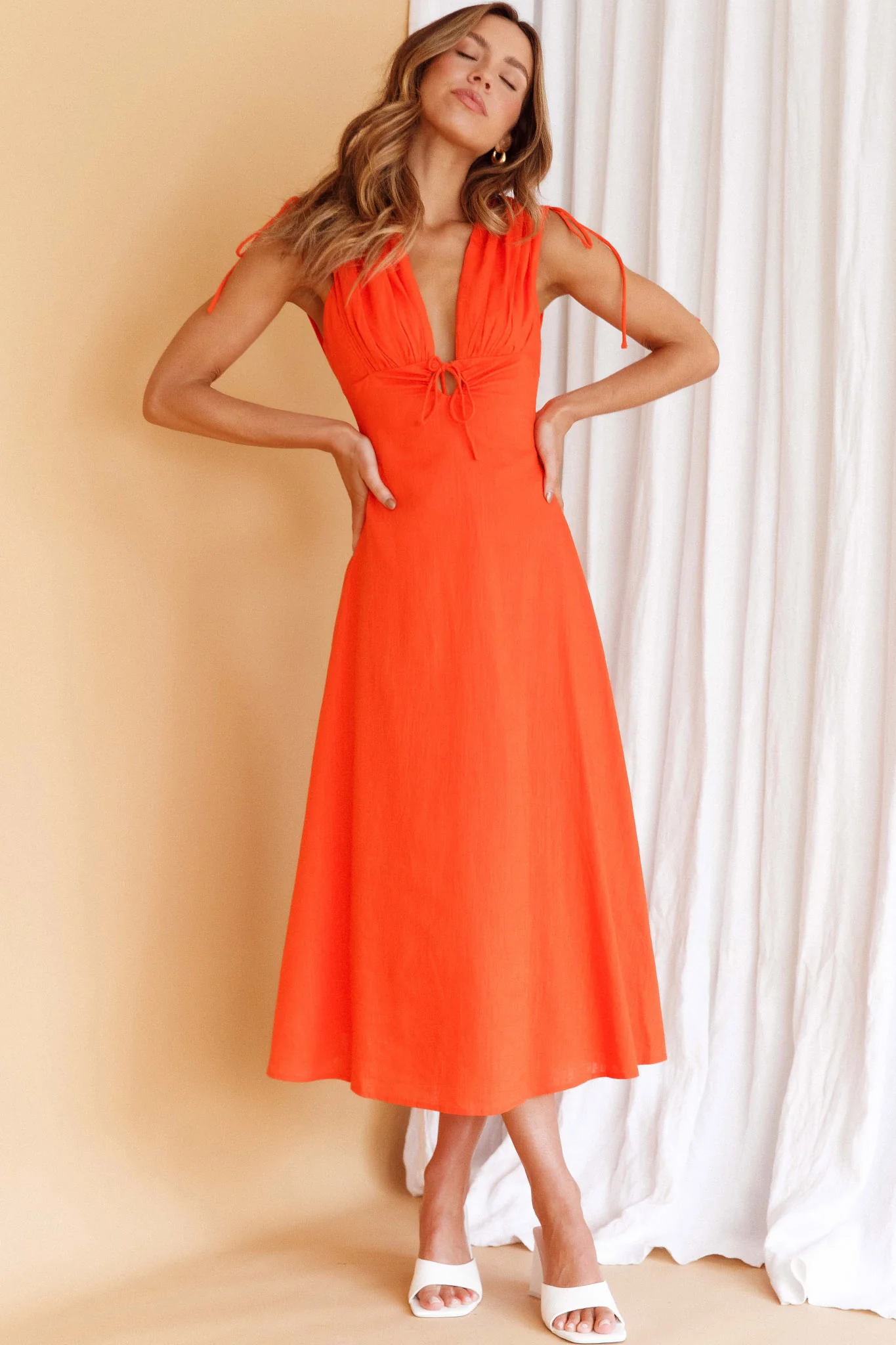 Cape Cod Drawstring Accent Midi Dress Tangerine - Sonourner