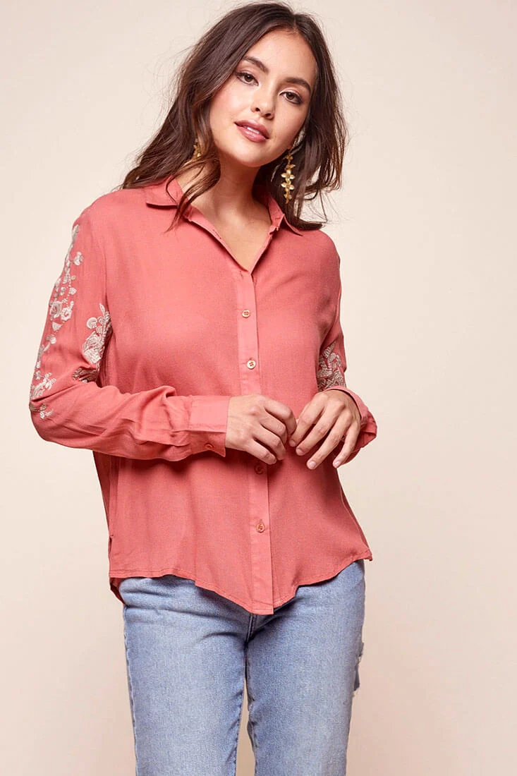 Issa Floral Sleeved Button Up Top Rust - Sonourner