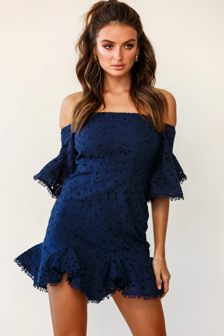 Elissa Off-Shoulder Broderie Anglaise Dress Navy - Sonourner