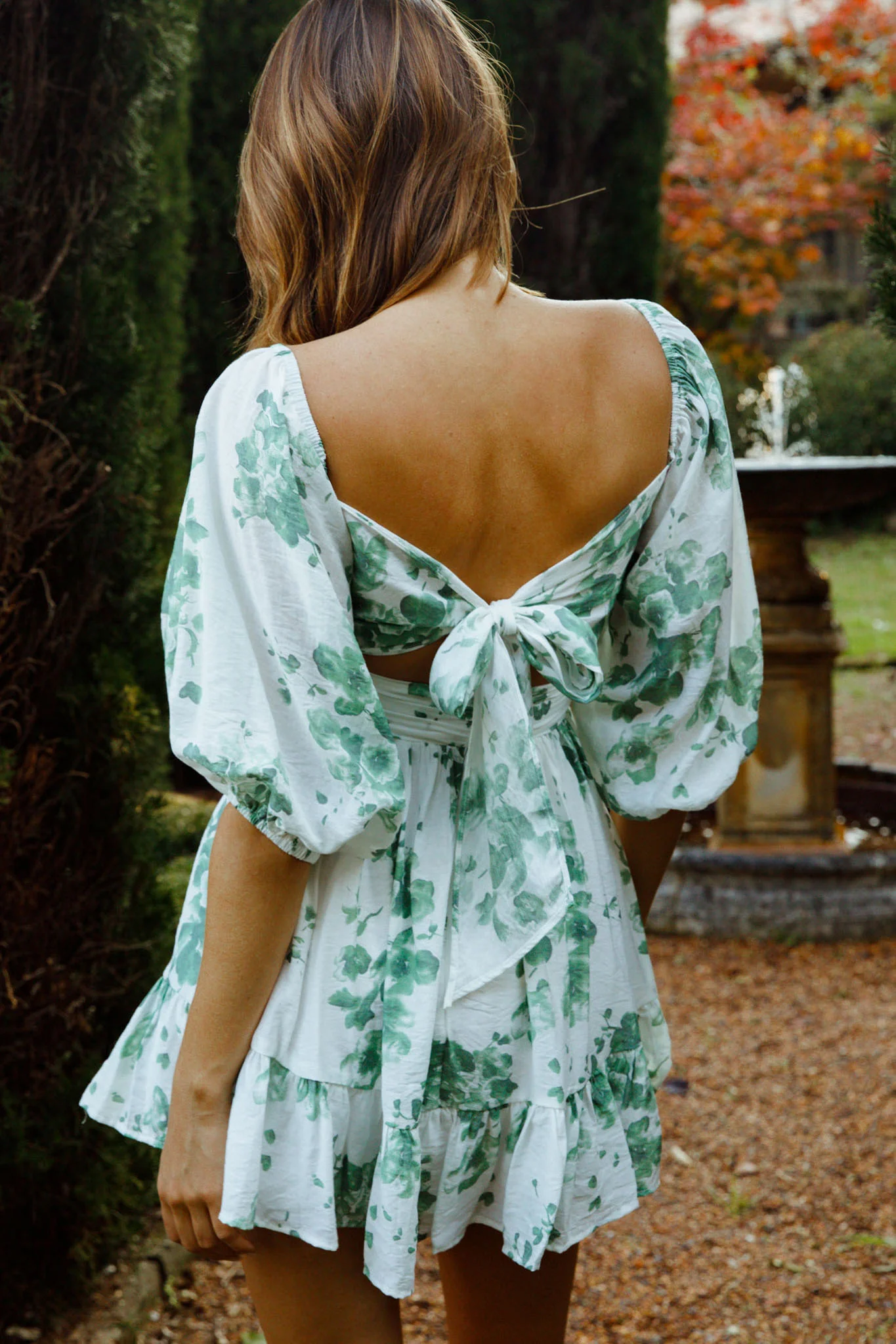 Abby Off-Shoulder Tie-Up Back Dress Watercolor Floral Print White/Olive - Sonourner