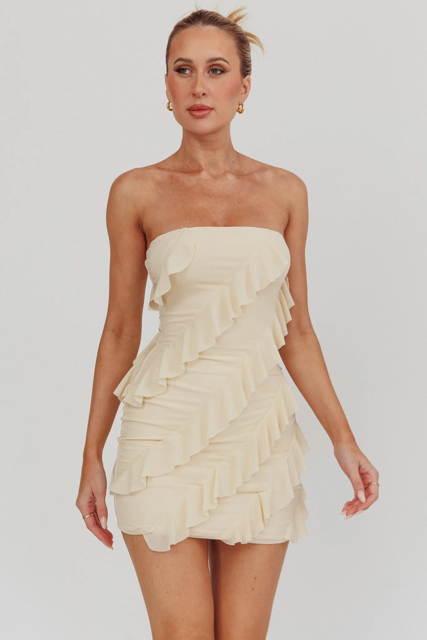 Gold Stars Strapless Ruffle Mini Dress Beige - Sonourner