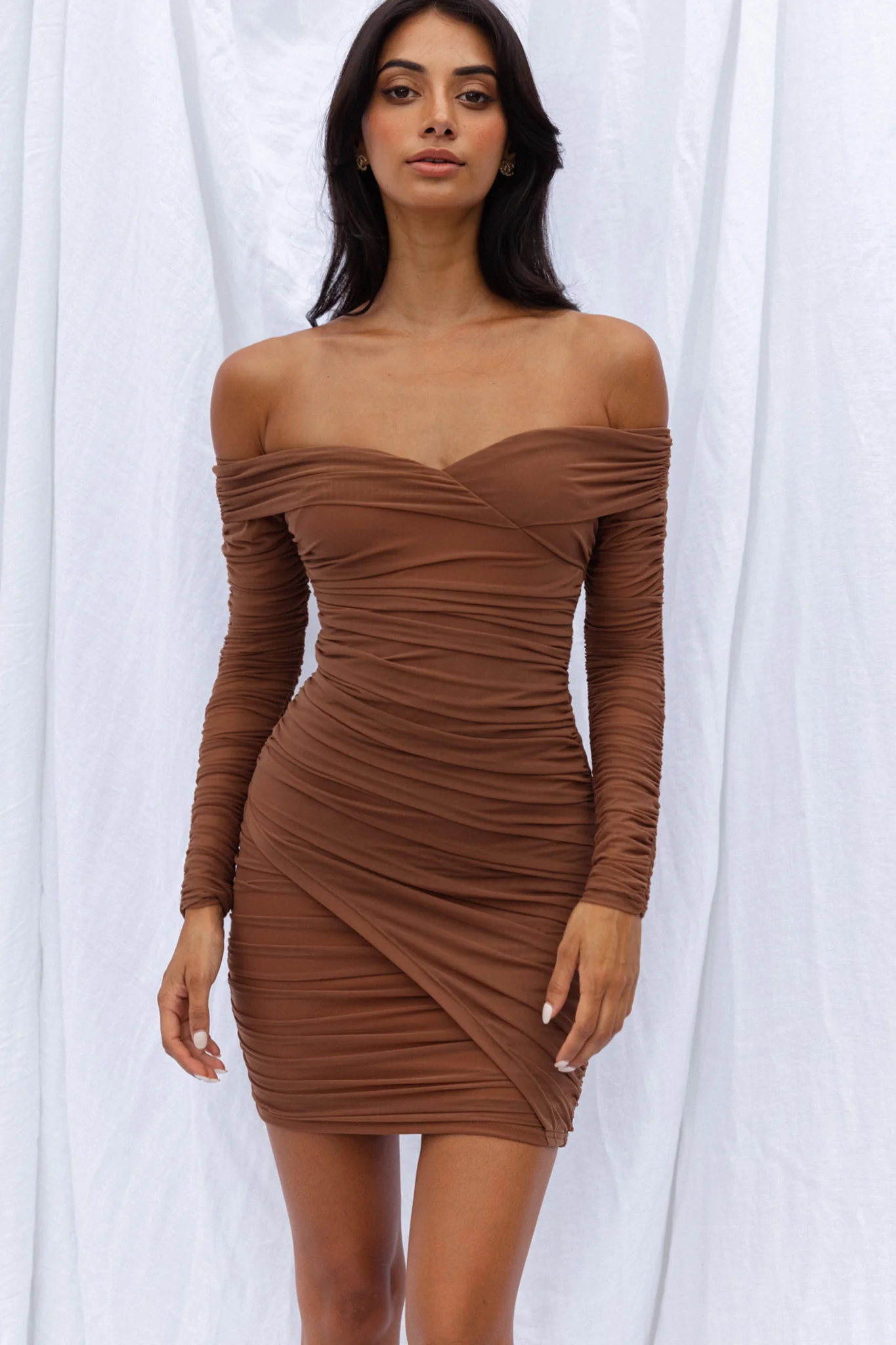 Moonrise Off-Shoulder Crossover Neckline Long Sleeve Ruched Dress Chocolate - Sonourner
