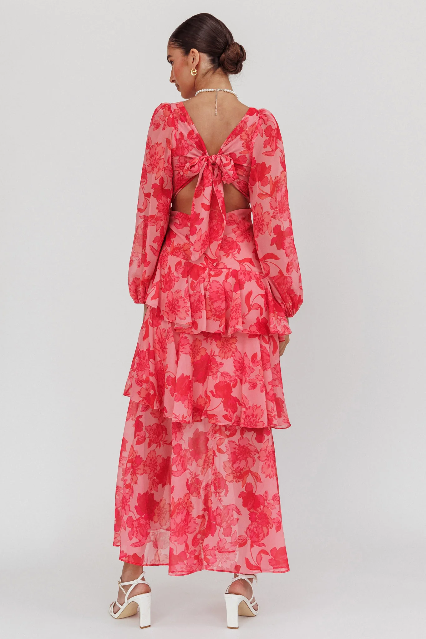 Veda Long Sleeve Floral Tiered Ruffle Maxi Dress Pink - Sonourner