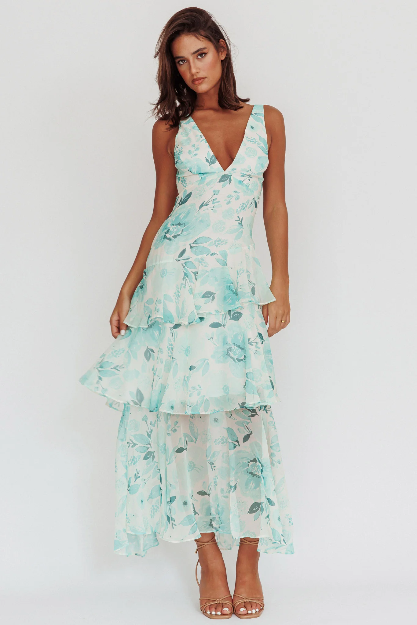 Veda Strappy Back Ruffle Maxi Dress Floral Green - Sonourner