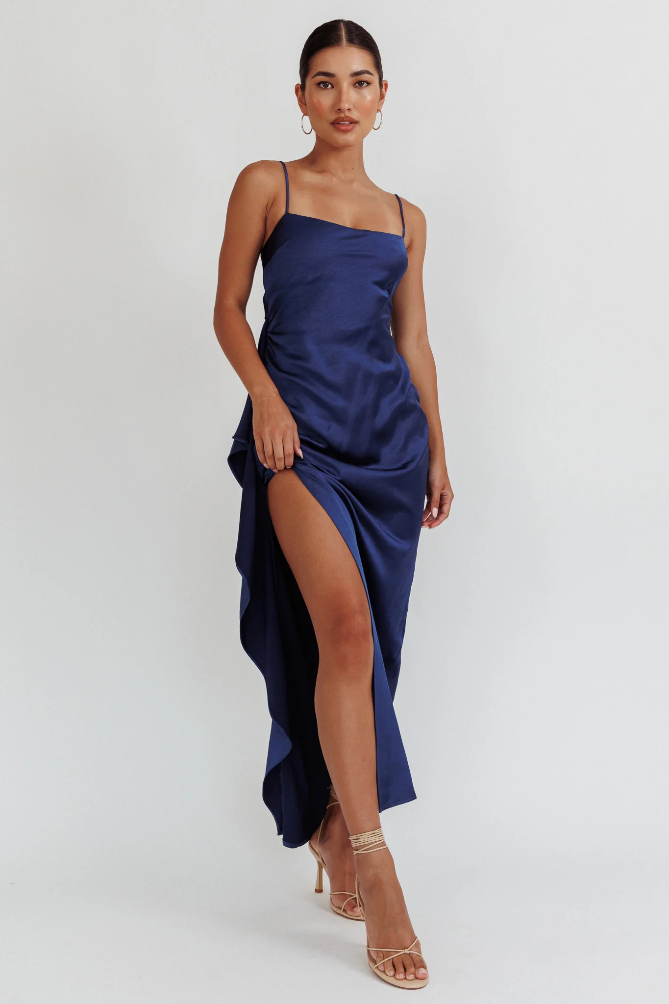 Night Swim Satin Leg Slit Maxi Dress Navy - Sonourner