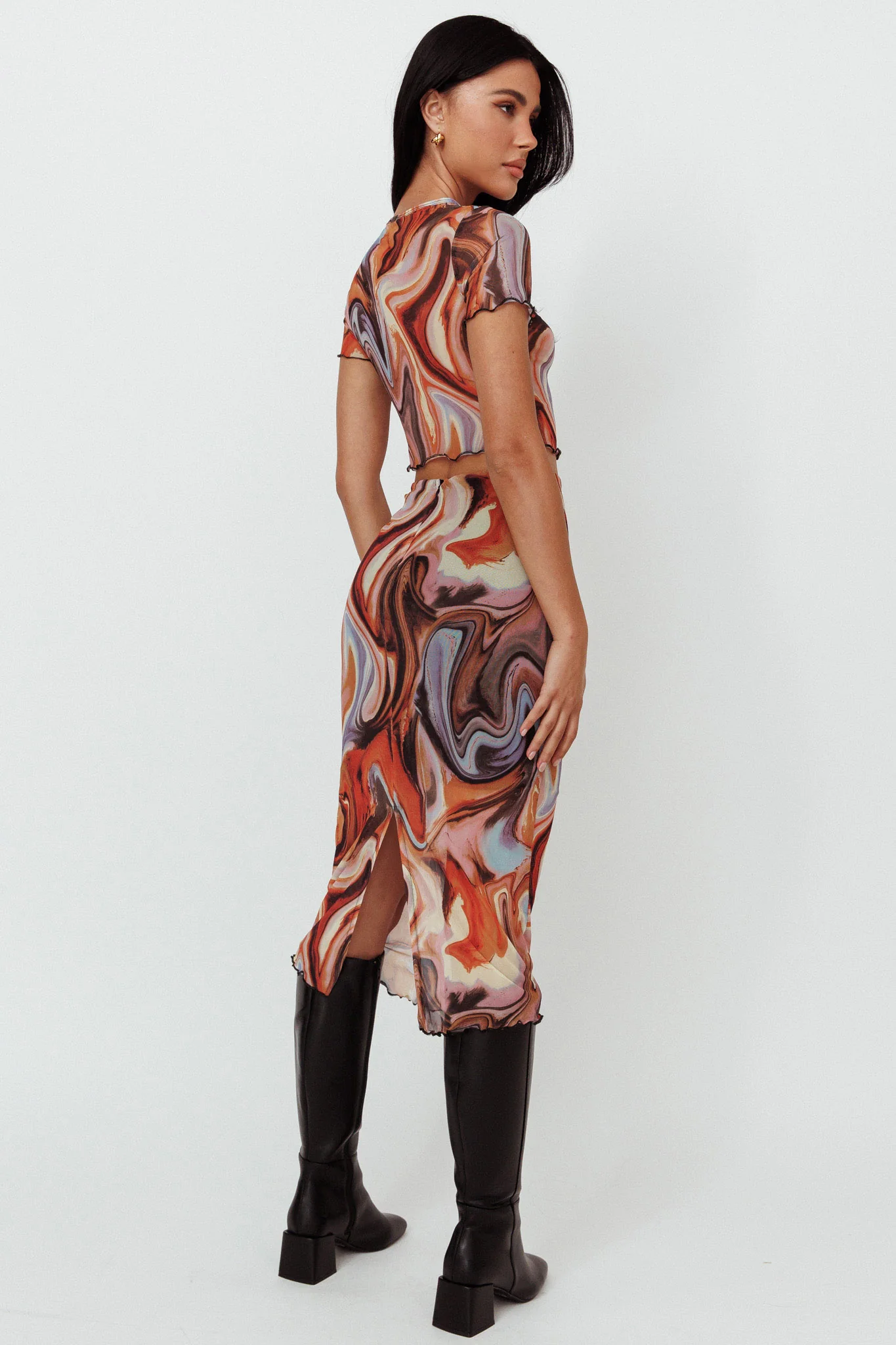 Priyanka Lettuce Edge Mesh Midi Skirt Brown Multi - Sonourner