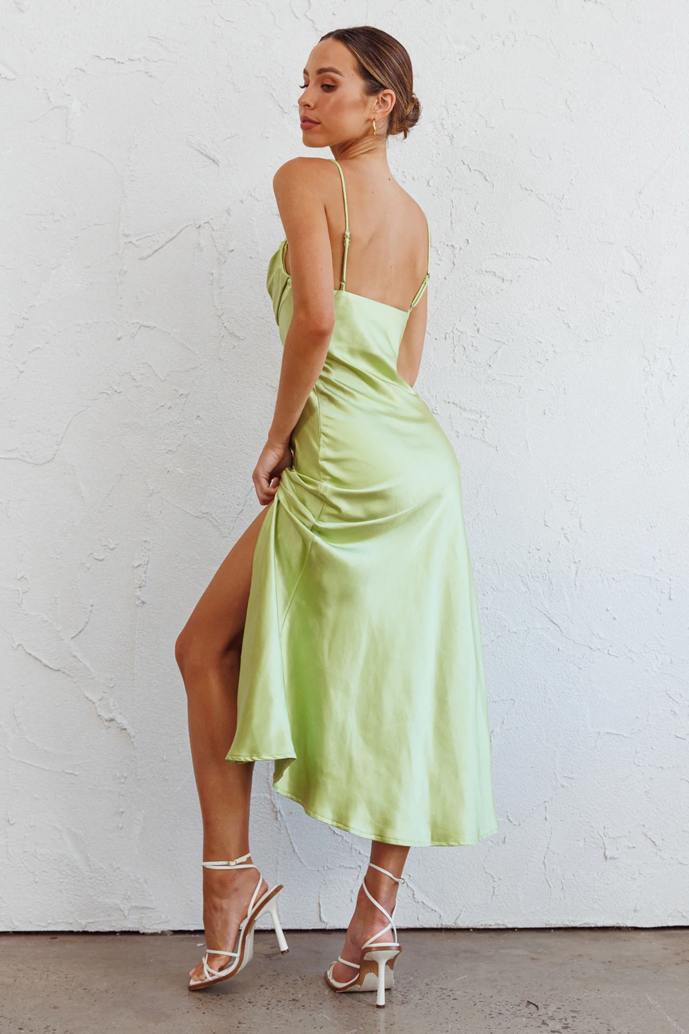 Well Versed Pleated Bust Front Split Dress Satin Lime - Sonourner