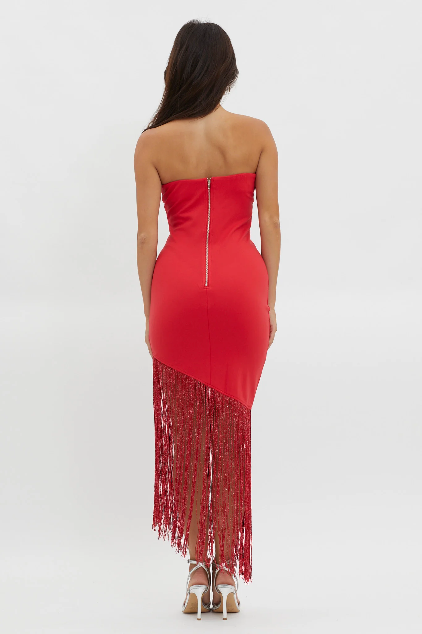 Glitz Asymmetrical Fringe Hem Dress Red - Sonourner
