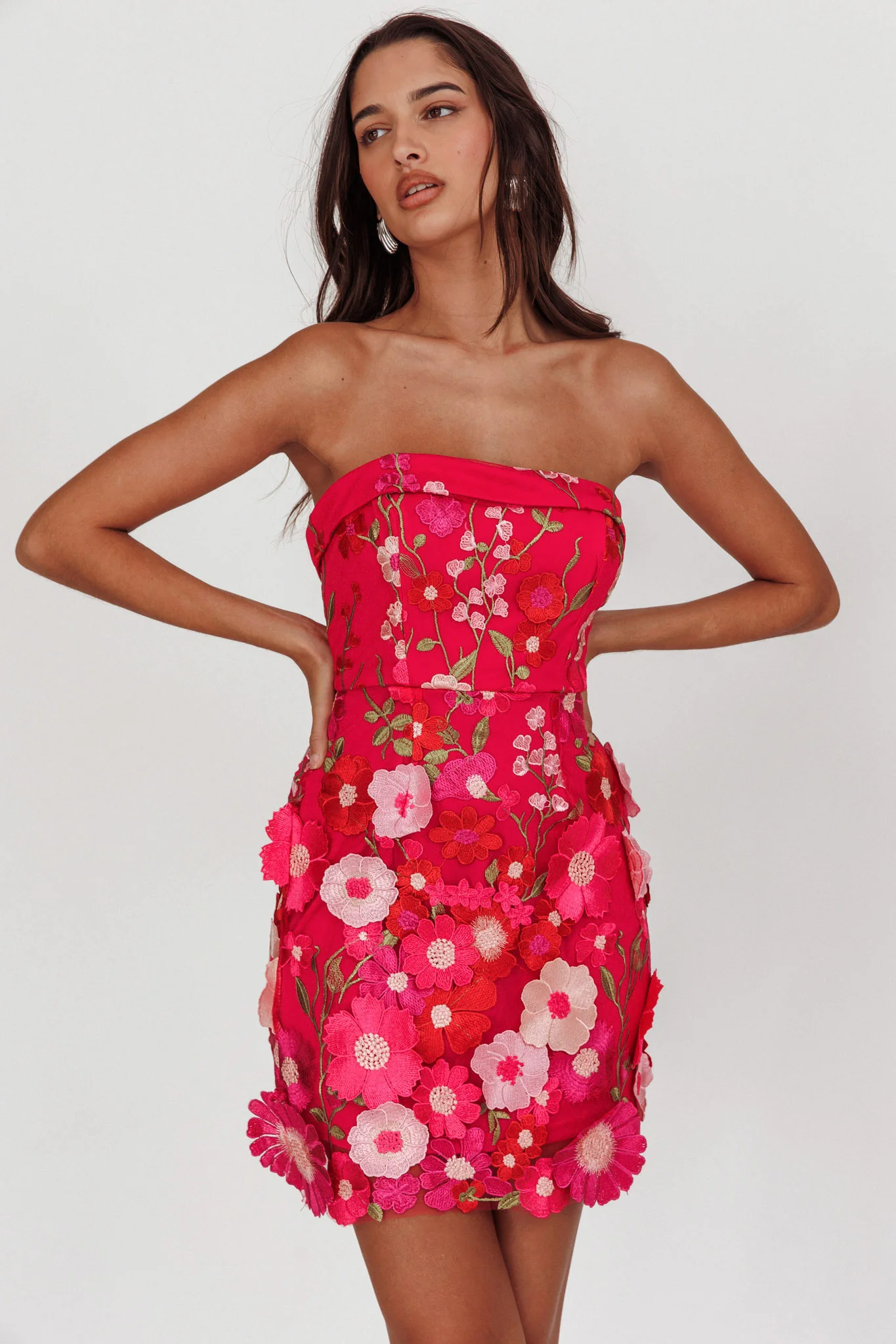 Flora Day Strapless Floral Embellished Mini Dress Fuchsia - Sonourner