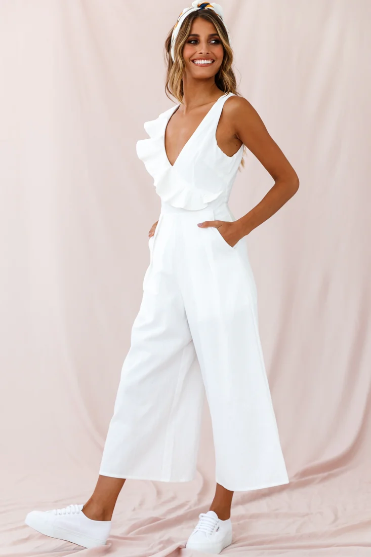 Cheryl Ruffle Strap Wide Leg Jumpsuit White - Sonourner