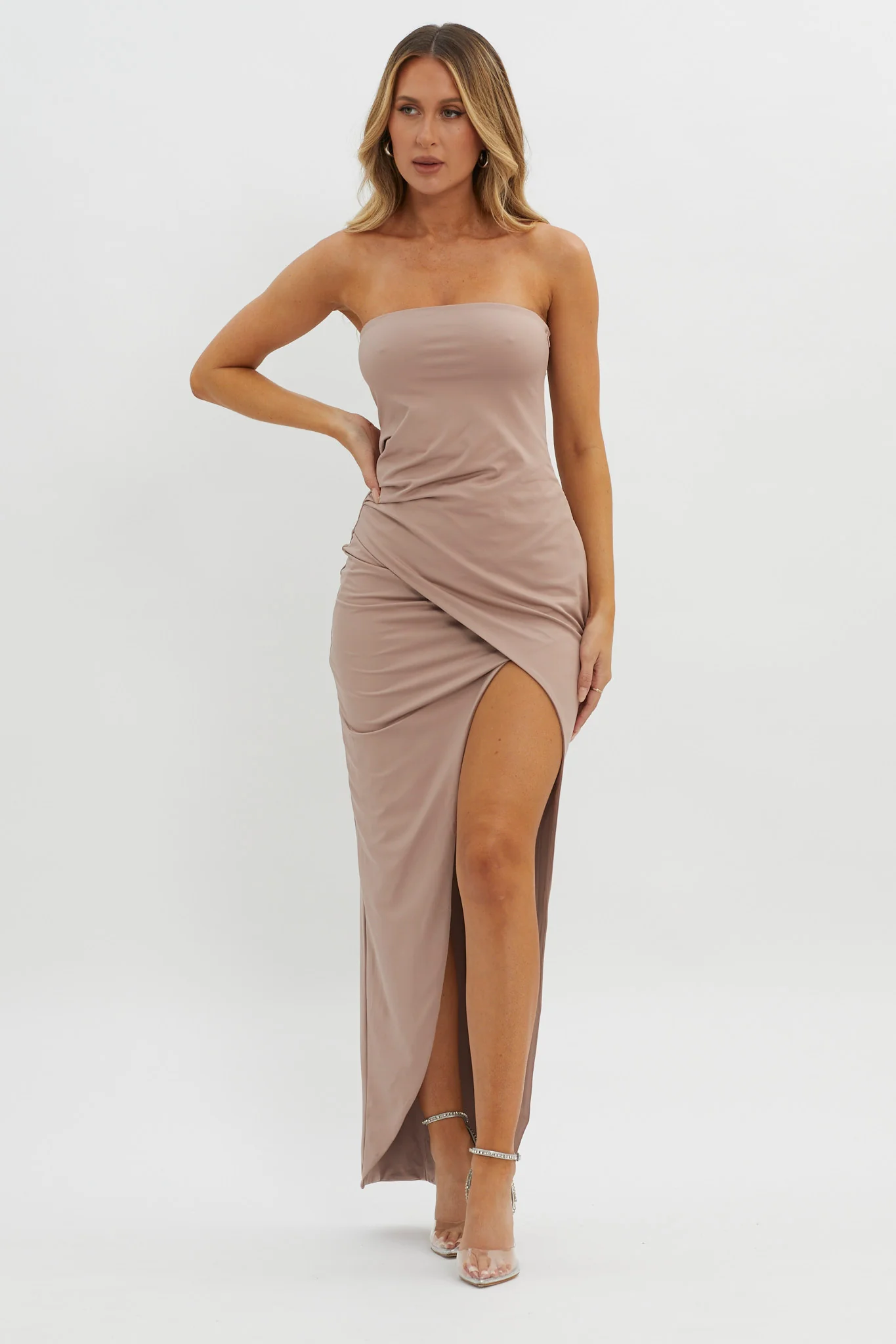 Evette Strapless Split Maxi Dress Tawny - Sonourner