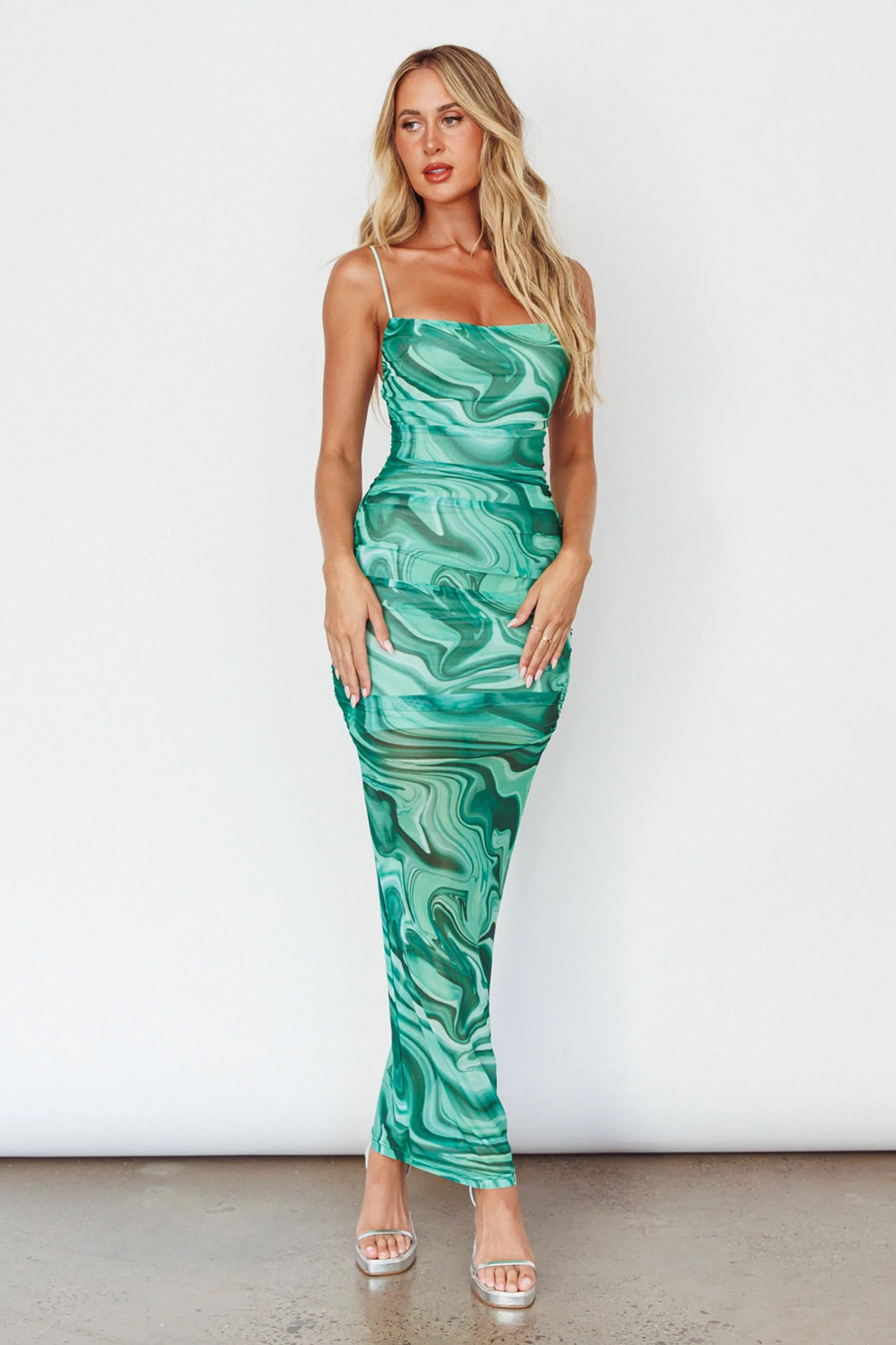 Love In Miami Lace-Up Back Maxi Dress Marble Green - Sonourner