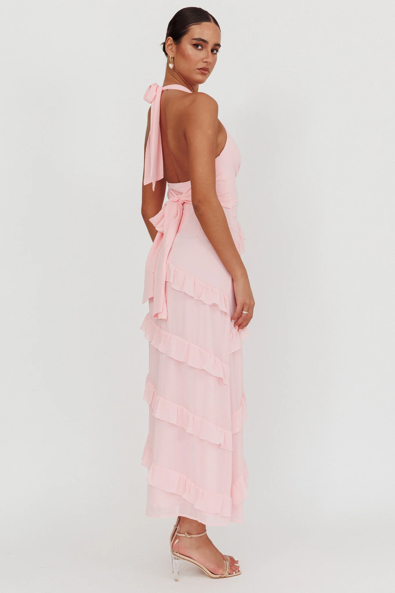 Flirt Frill Trim Halter Maxi Dress Blush - Sonourner