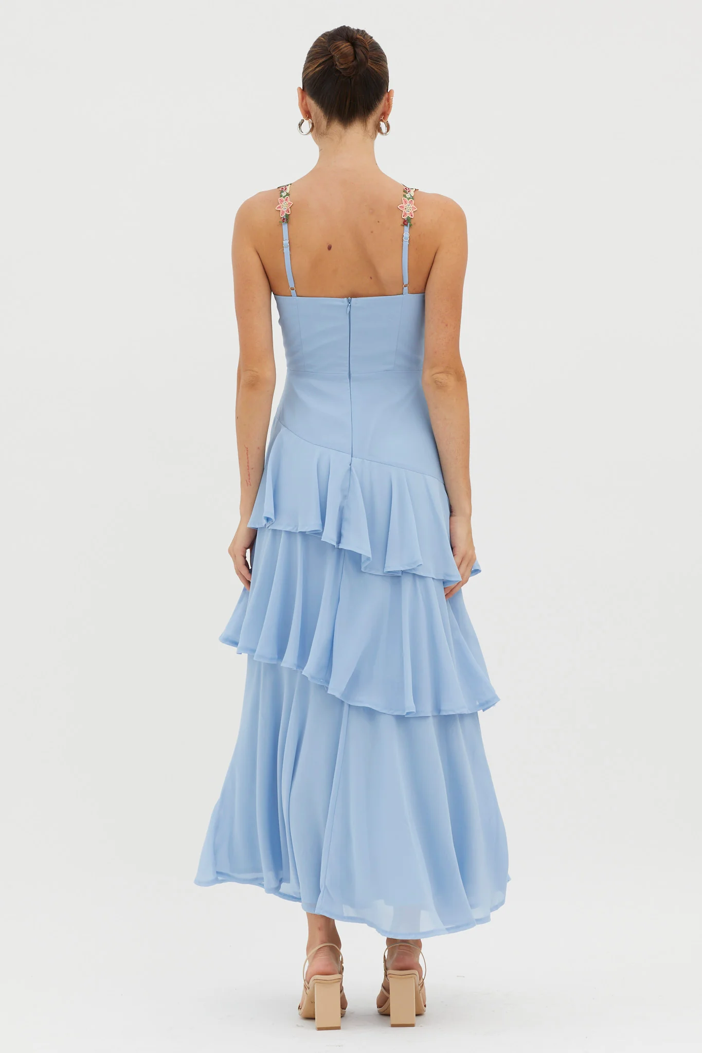 Rose Garden Tiered Ruffle Floral Trim Dress Blue - Sonourner