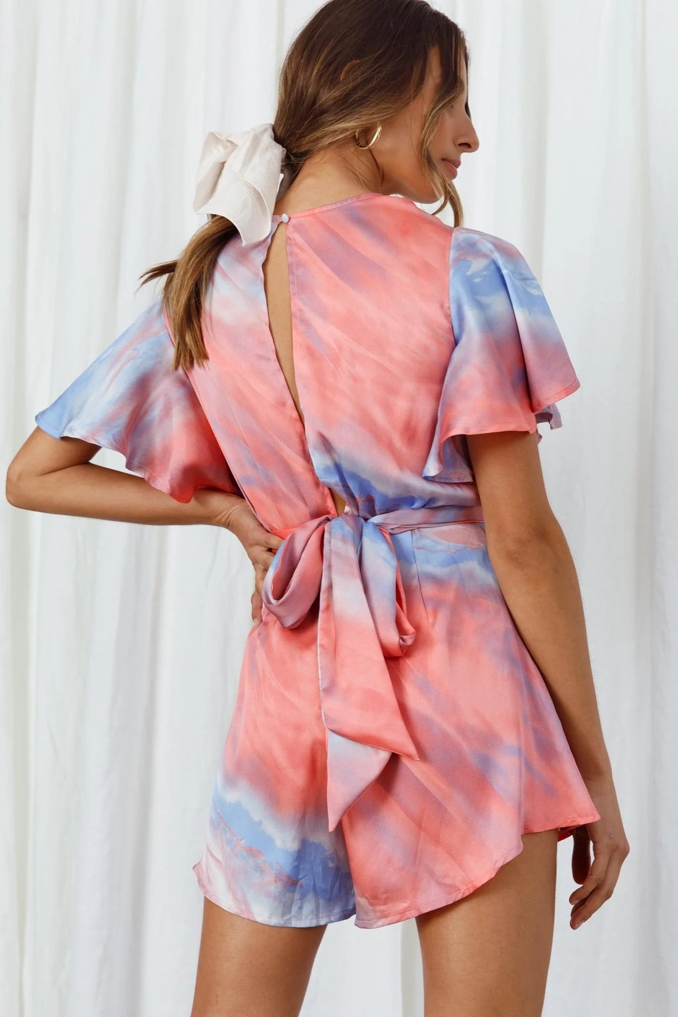 Unconditional Plunging Wrap Style Romper Marbled Tie Dye Red/Purple - Sonourner