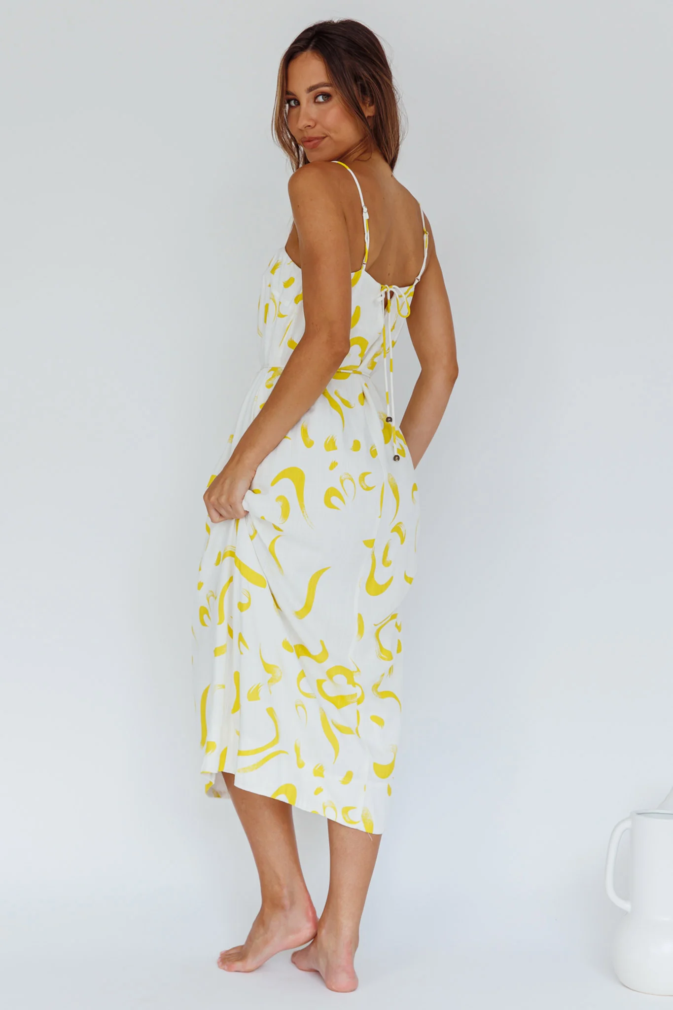 Rossy Waist Tie Midi Dress Printed Yellow - Sonourner