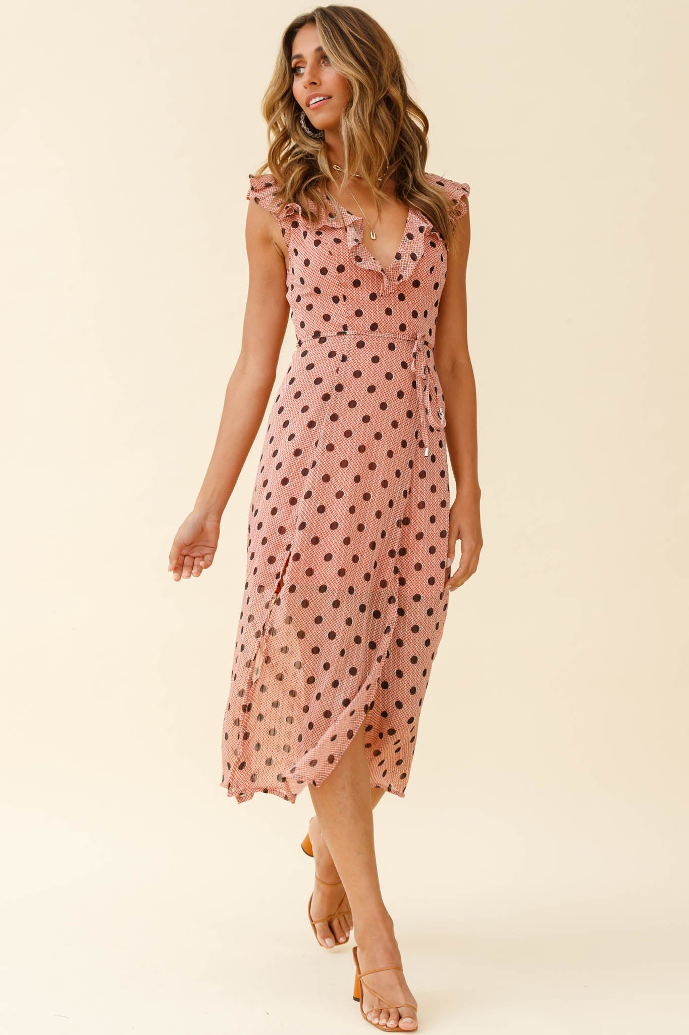 Karina Frill Neckline Midi Dress Polka Dot Print Rust - Sonourner
