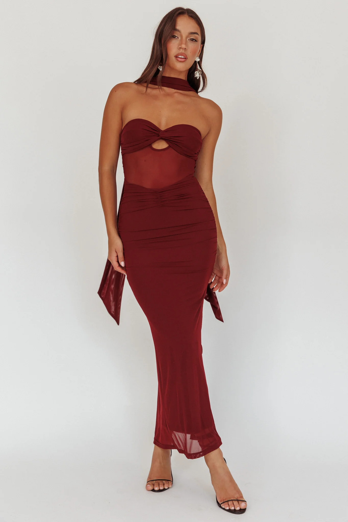 Oliana Strapless Mesh Maxi Dress Wine - Sonourner