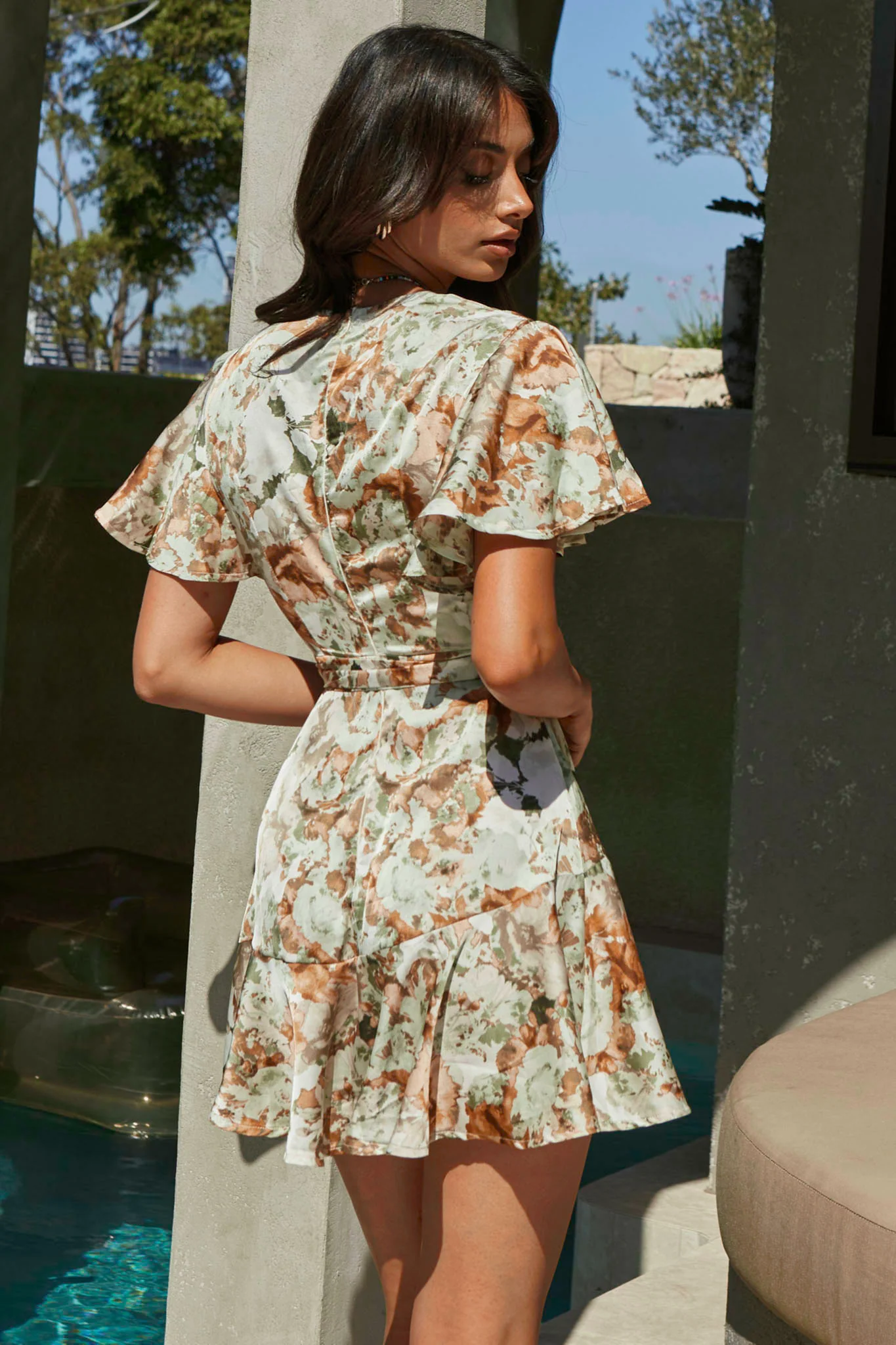 Cami Angel Sleeve Faux Wrap Dress Abstract Floral Print Sage - Sonourner