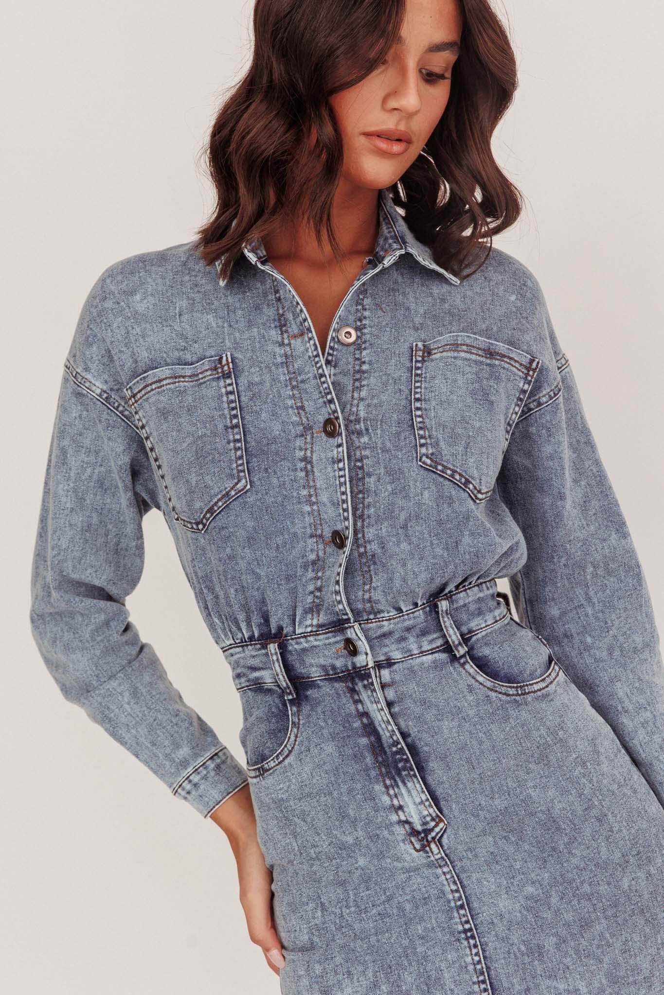 Light Inside Long Sleeve Midi Dress Denim Blue - Sonourner