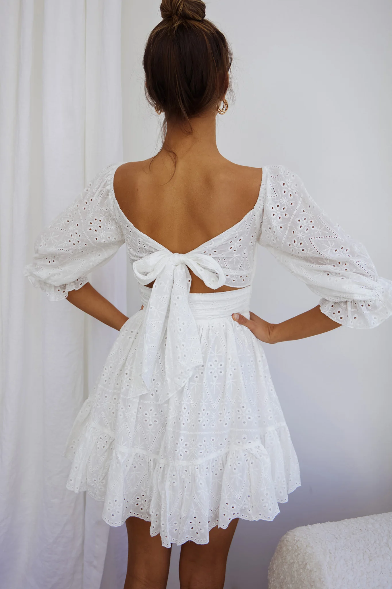 Abby Off-Shoulder Tie-Up Back Dress Eyelet Embroidery Dress White - Sonourner