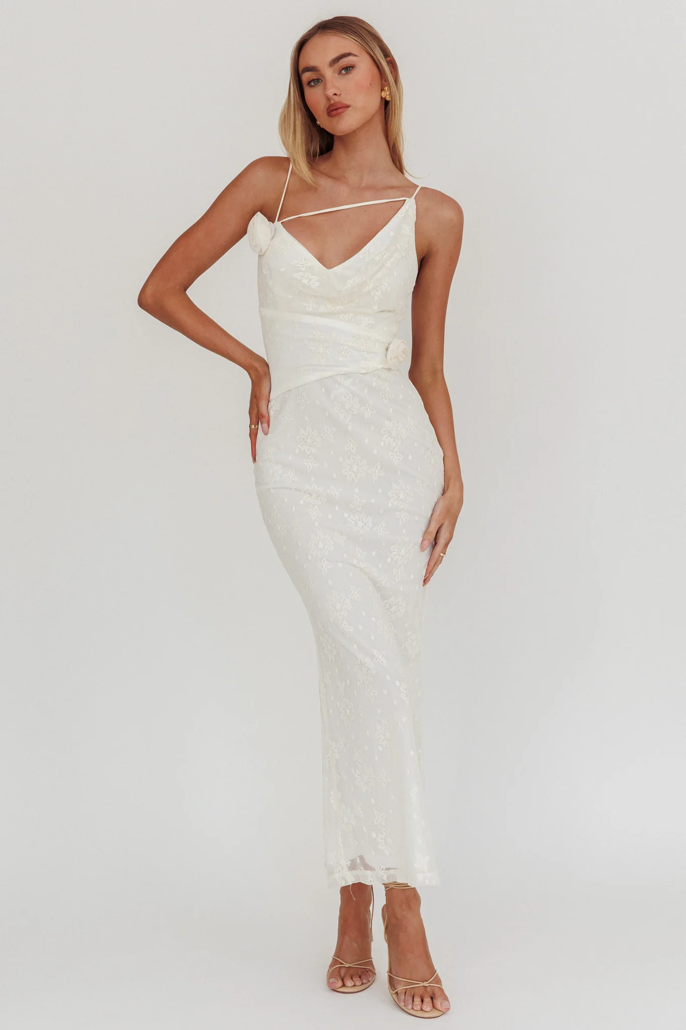 Golden Glow Rosette Cowl Neck Maxi Dress Beige - Sonourner