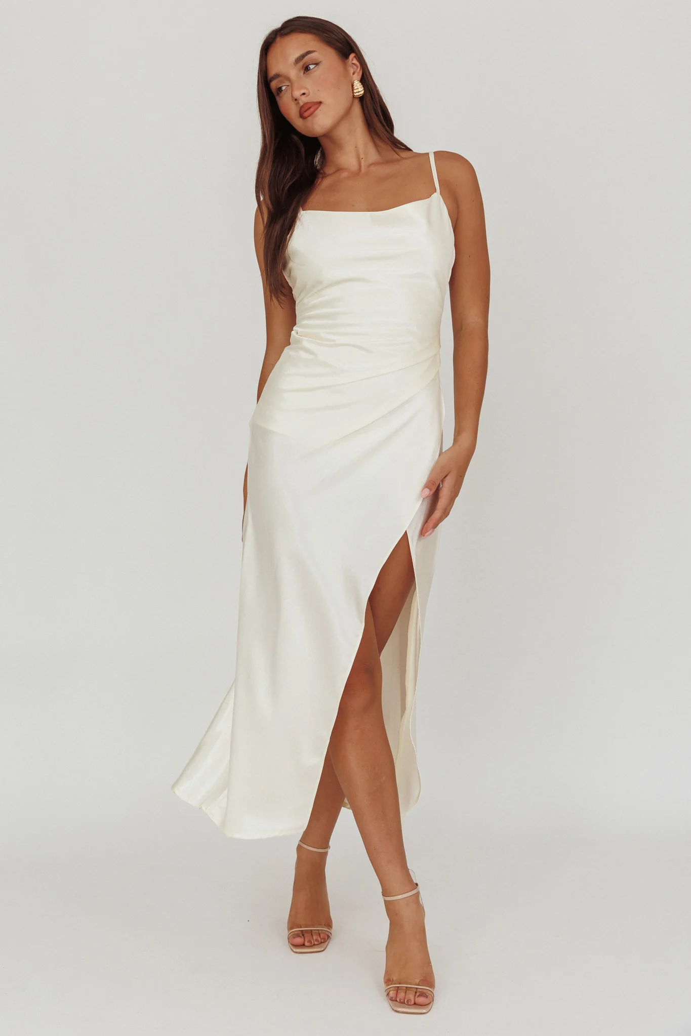 Hey Girl Long Satin Cowl Neck Dress Champagne - Sonourner