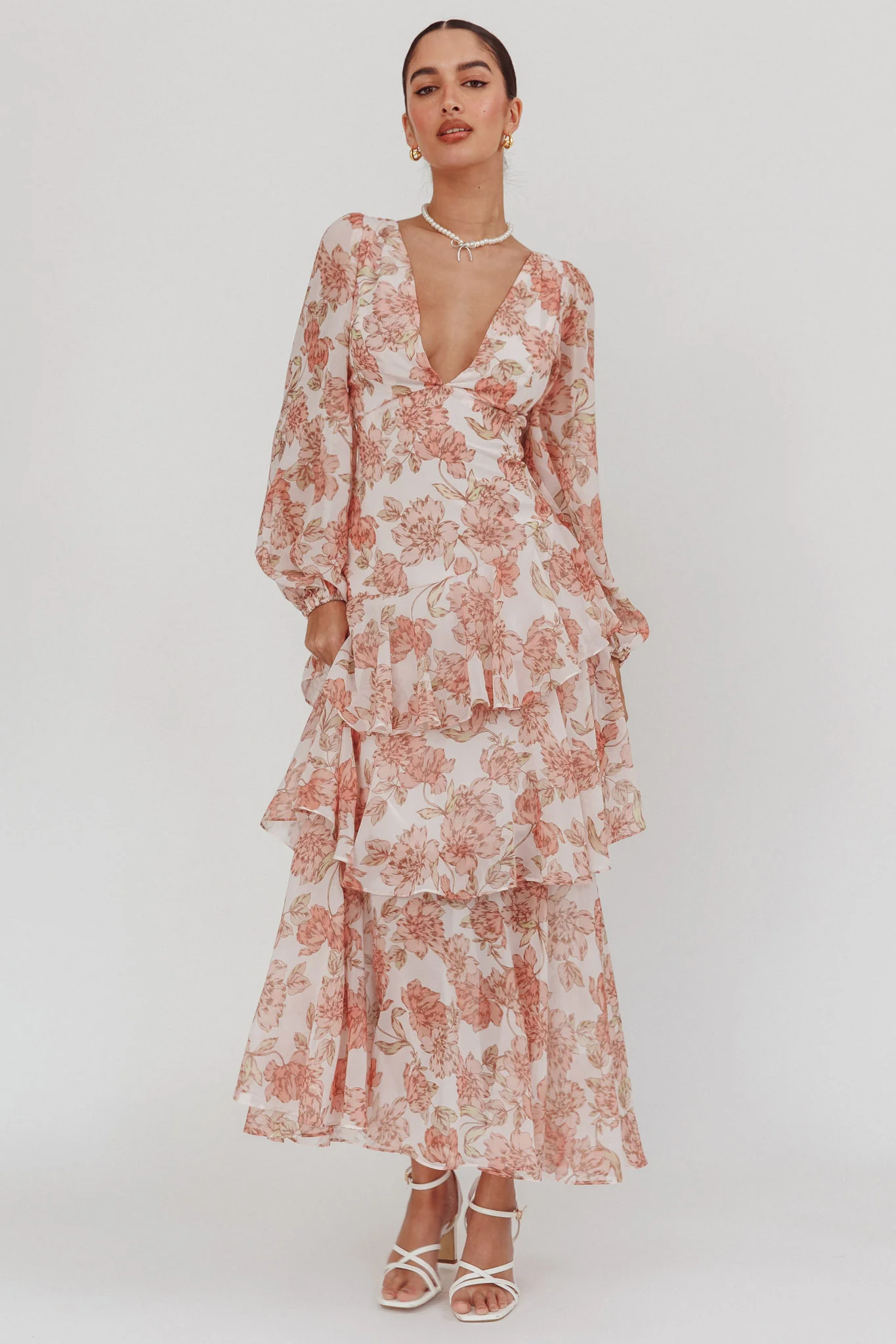 Veda Long Sleeve Floral Tiered Ruffle Maxi Dress Peach - Sonourner