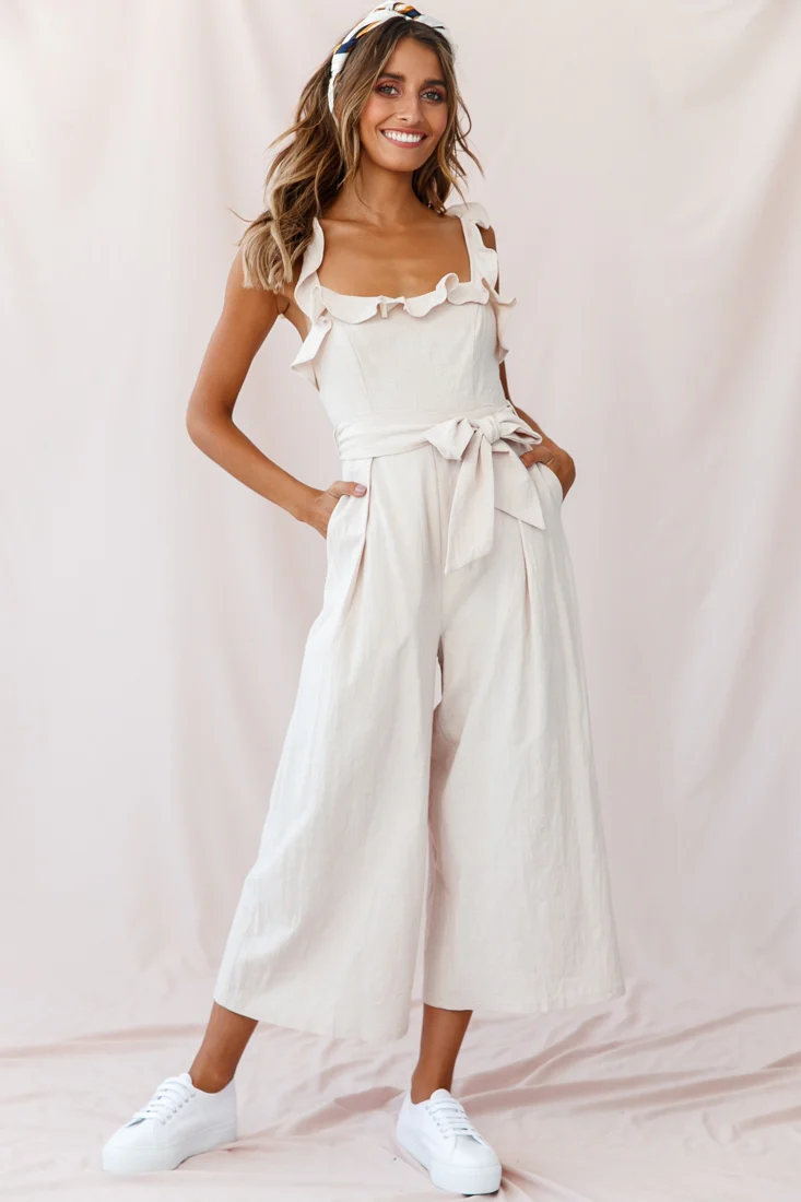 Kaia Ruffle Strap Wide-Leg Capri Jumpsuit Beige - Sonourner