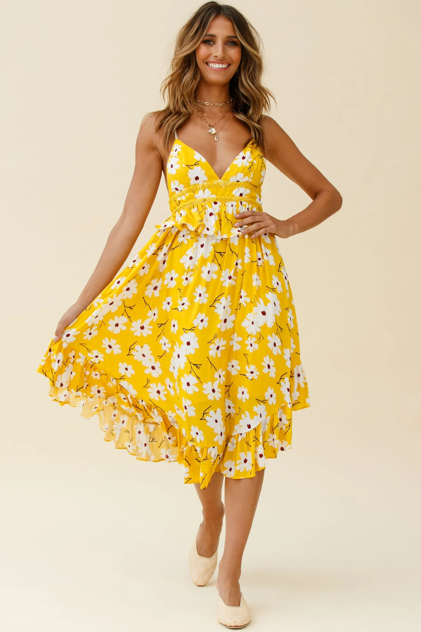 Marigold Peplum Midi Ruffle Dress Floral Print Yellow - Sonourner
