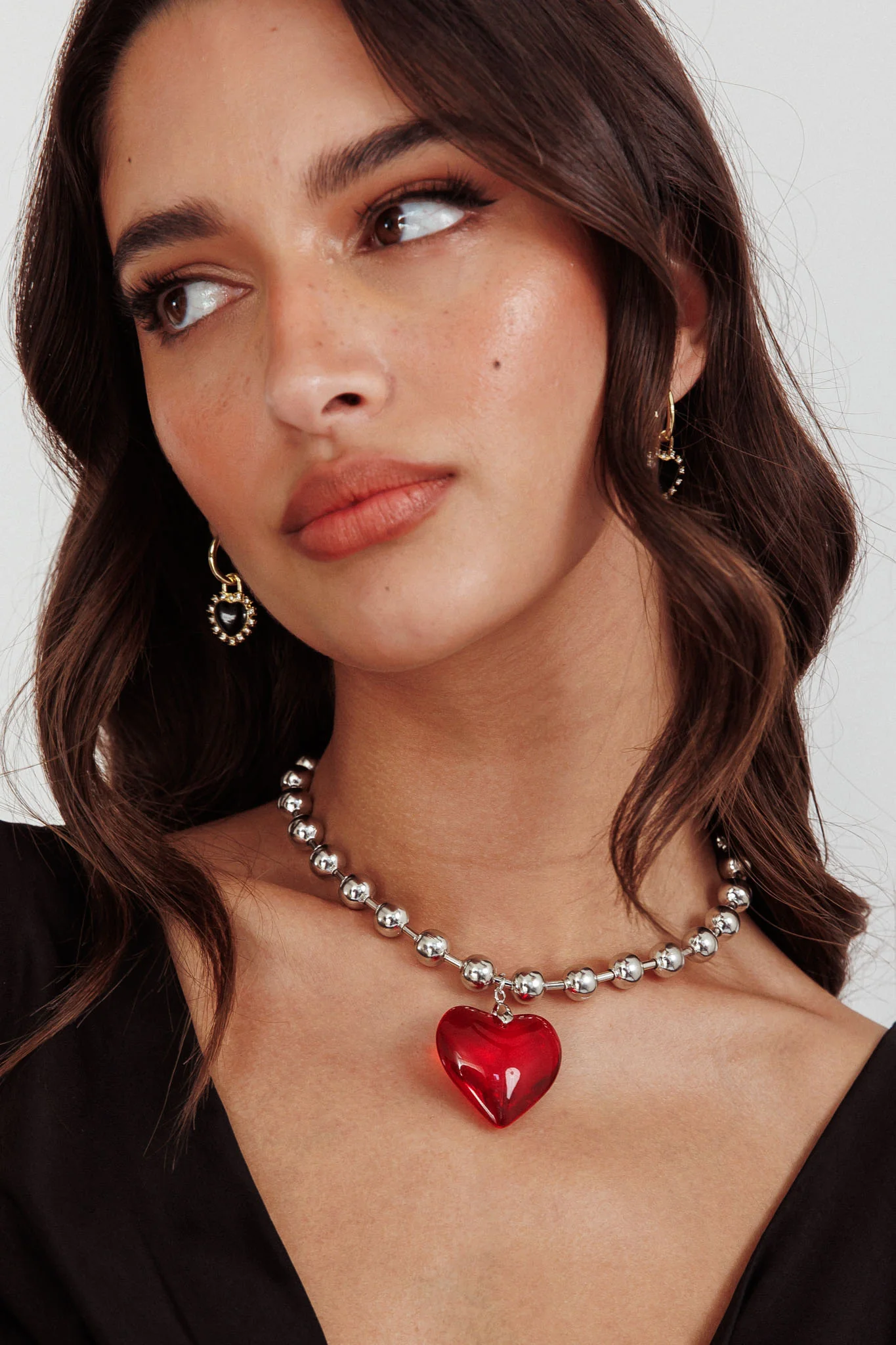 Lee Silver Bead Large Heart Necklace Red - Sonourner