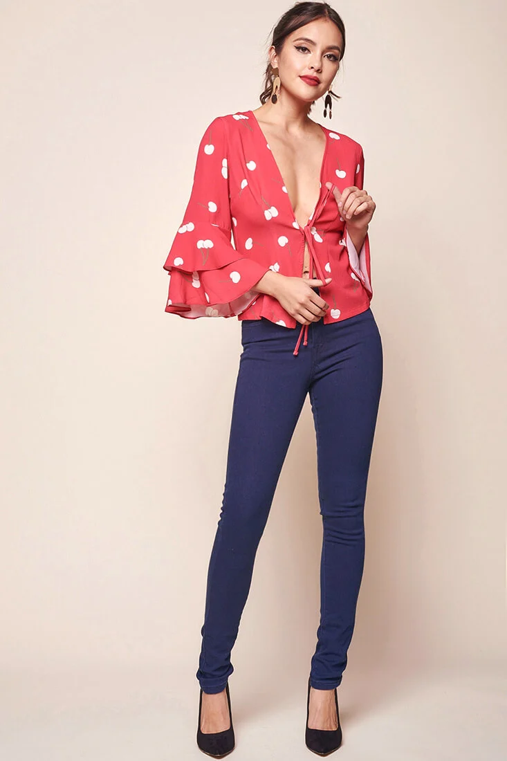Robbi Cherry on Top Deep V Bell Sleeved Top Red - Sonourner