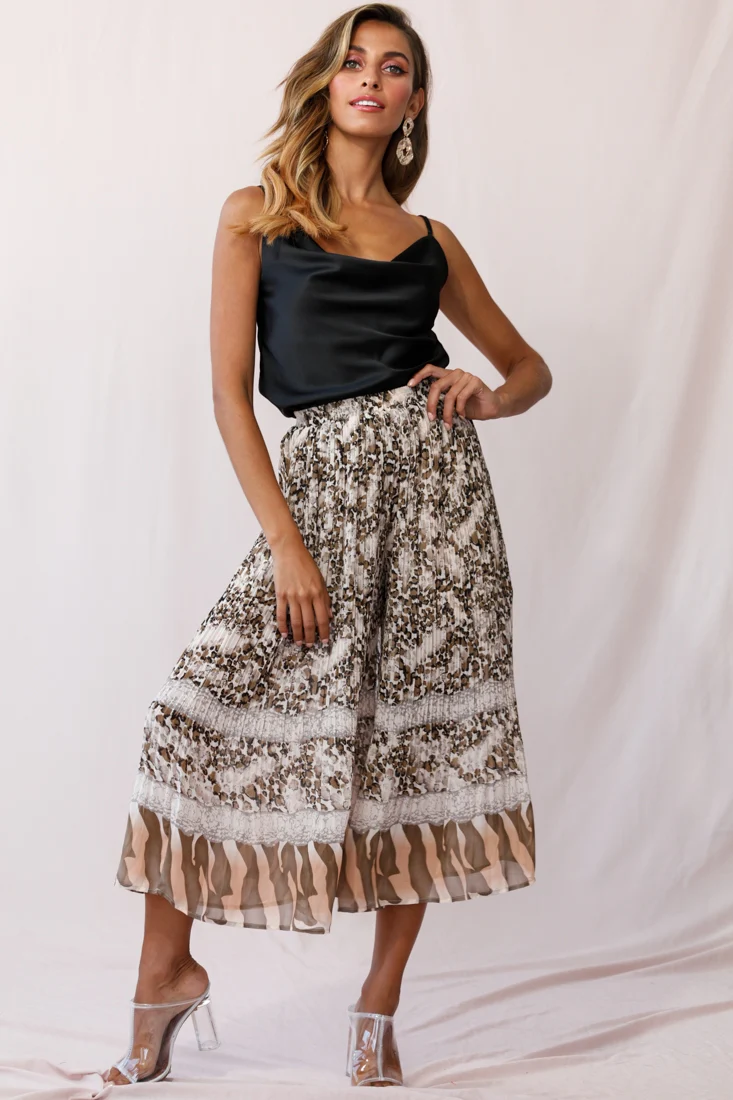 Gemini Accordion Pleat Wide Leg Pants Brown Leopard - Sonourner