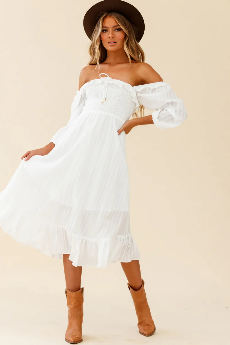 Flynn Off-Shoulder Shirred Bust Midi Dress White - Sonourner