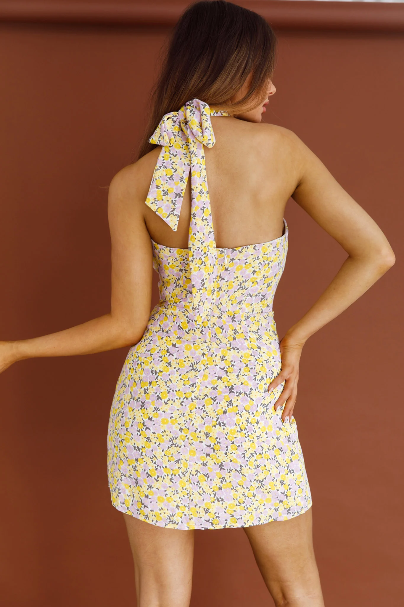 Ride Or Die Halterneck Mini Dress Floral Yellow - Sonourner