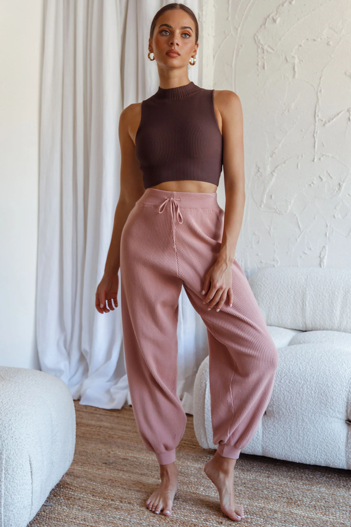 New Soul Drawstring Ribbed Knit Jogger Pants Blush - Sonourner