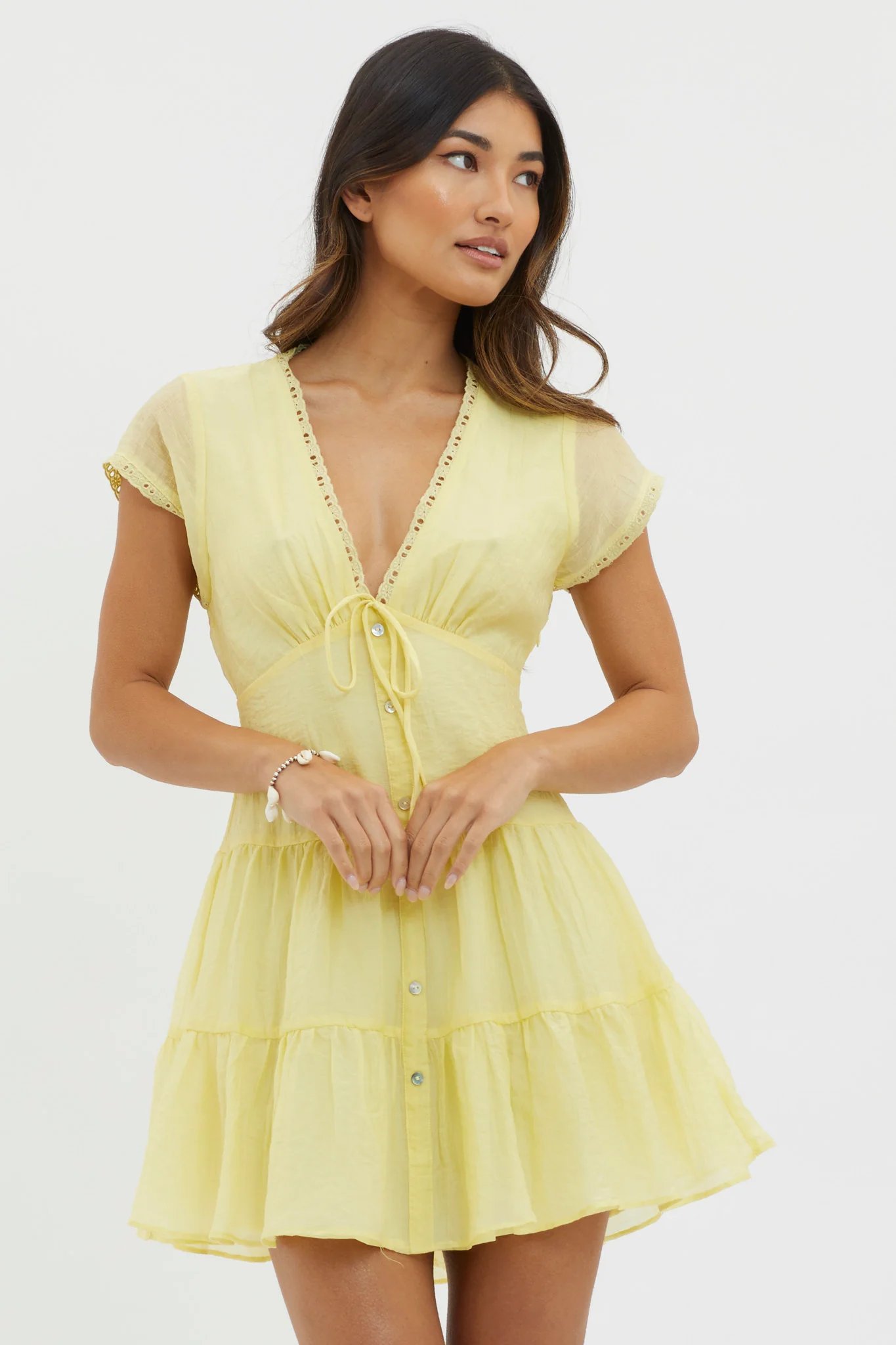 Azura Scalloped Lace Mini Dress Lemon - Sonourner