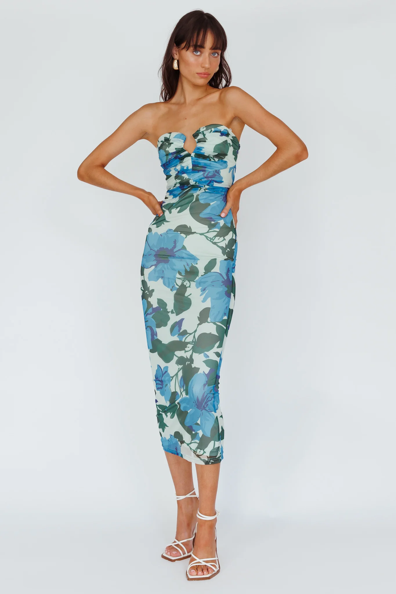 Lahita Strapless Midi Dress Floral Blue - Sonourner