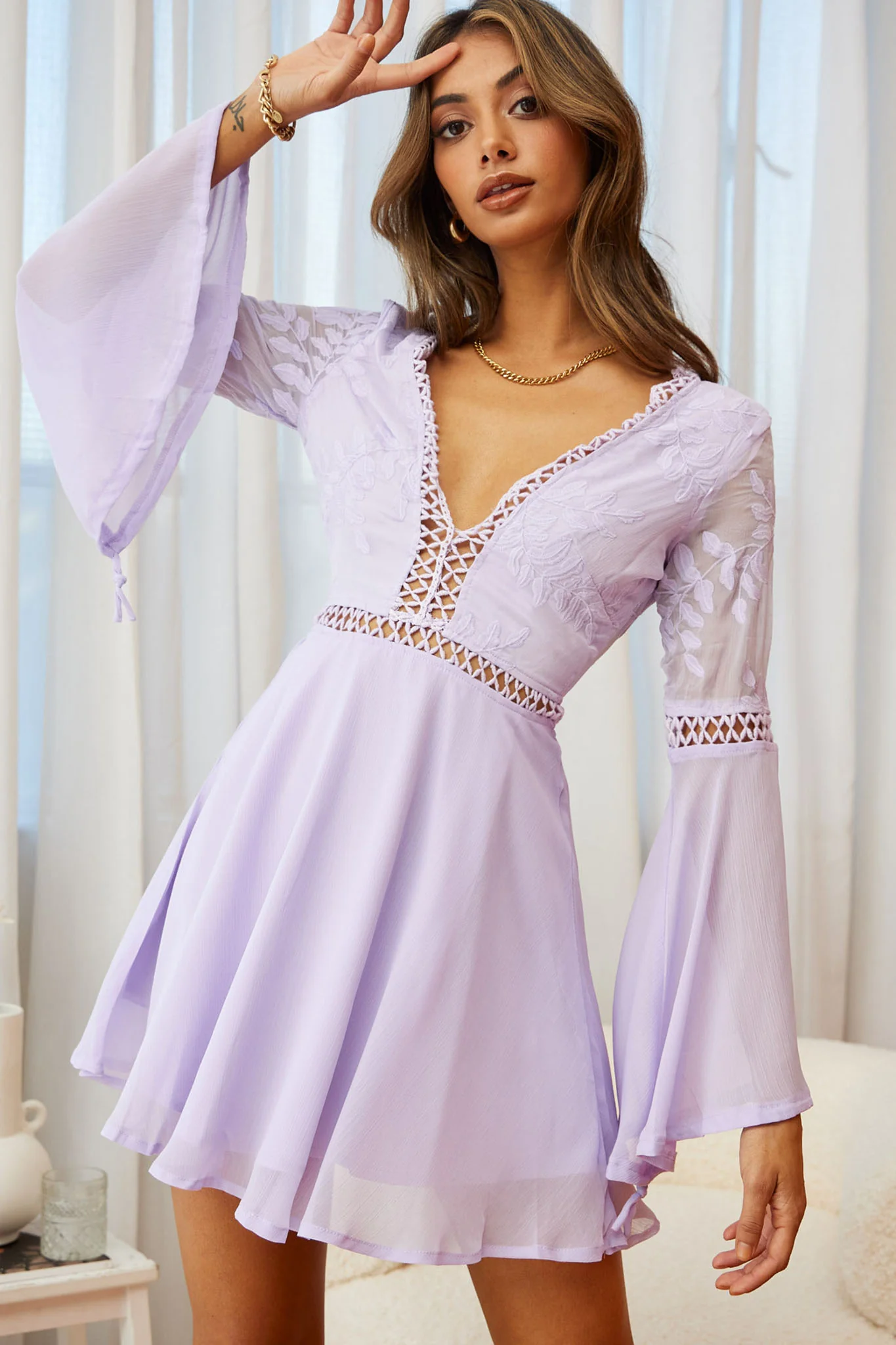 Carson Long Sleeve Crochet Embroidery Detail Dress Lilac - Sonourner