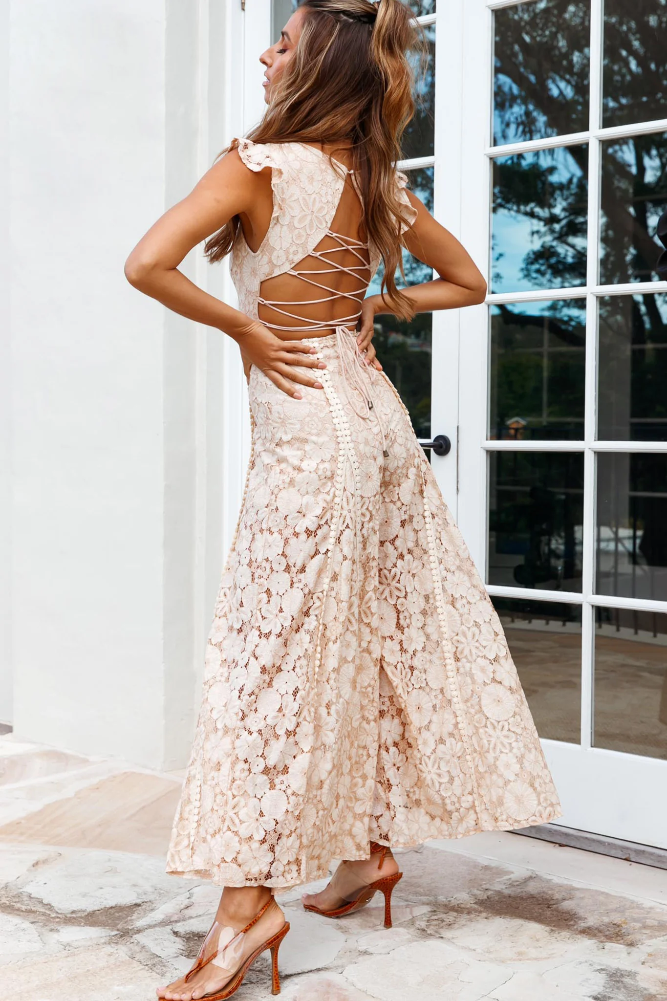 Take Note Laced-Back Frill Shoulder Lace Jumpsuit Nude - Sonourner