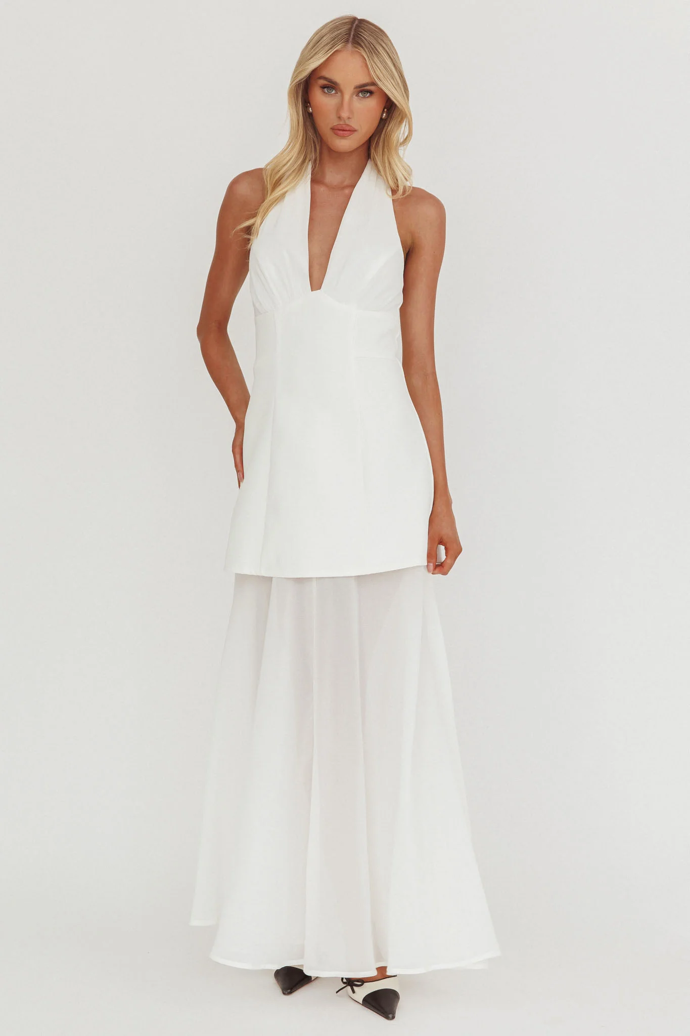 Opulent Halterneck Layered Maxi Dress White - Sonourner