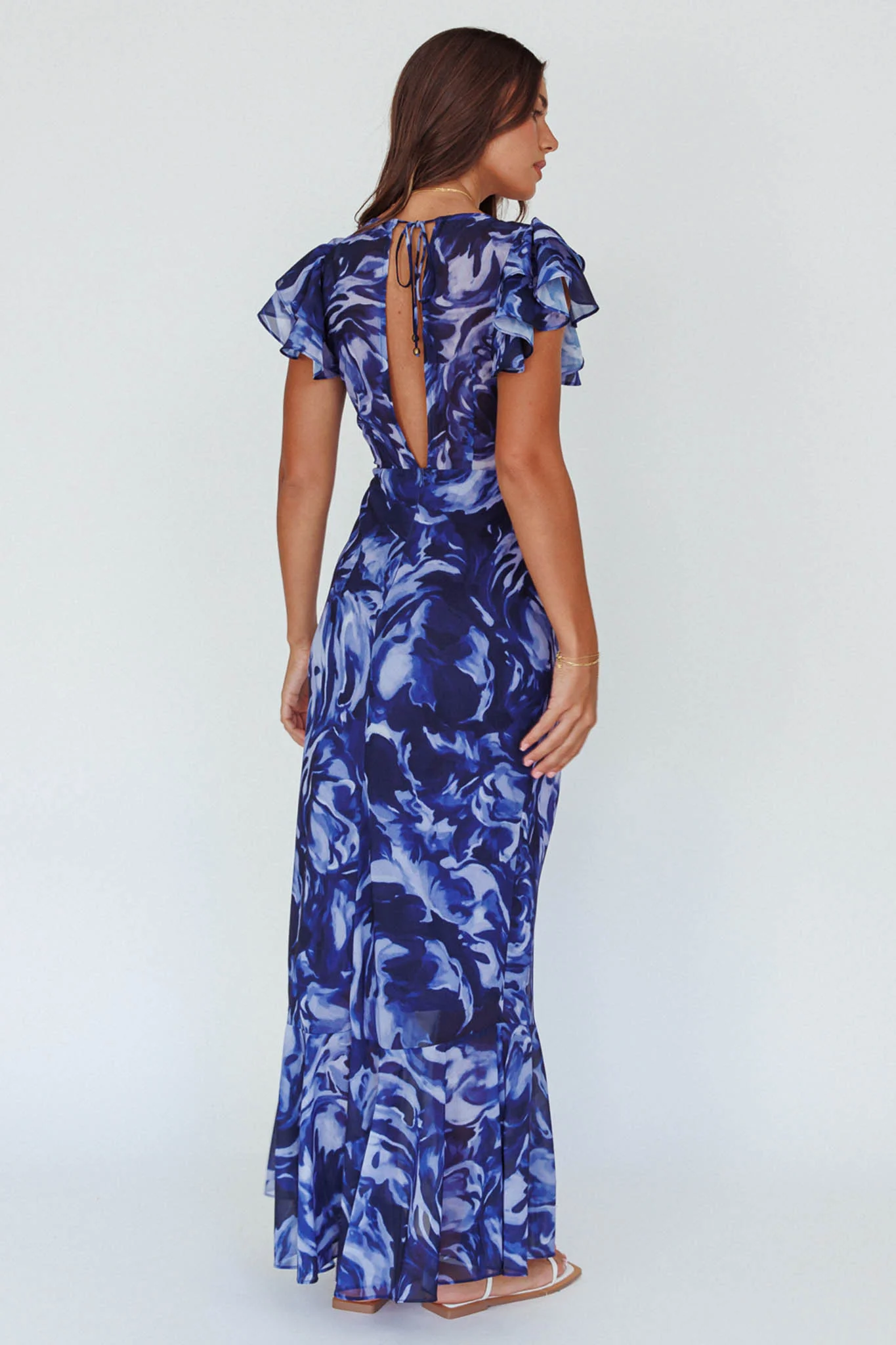 Lydiah Ruffle Sleeve Maxi Dress Floral Blue - Sonourner