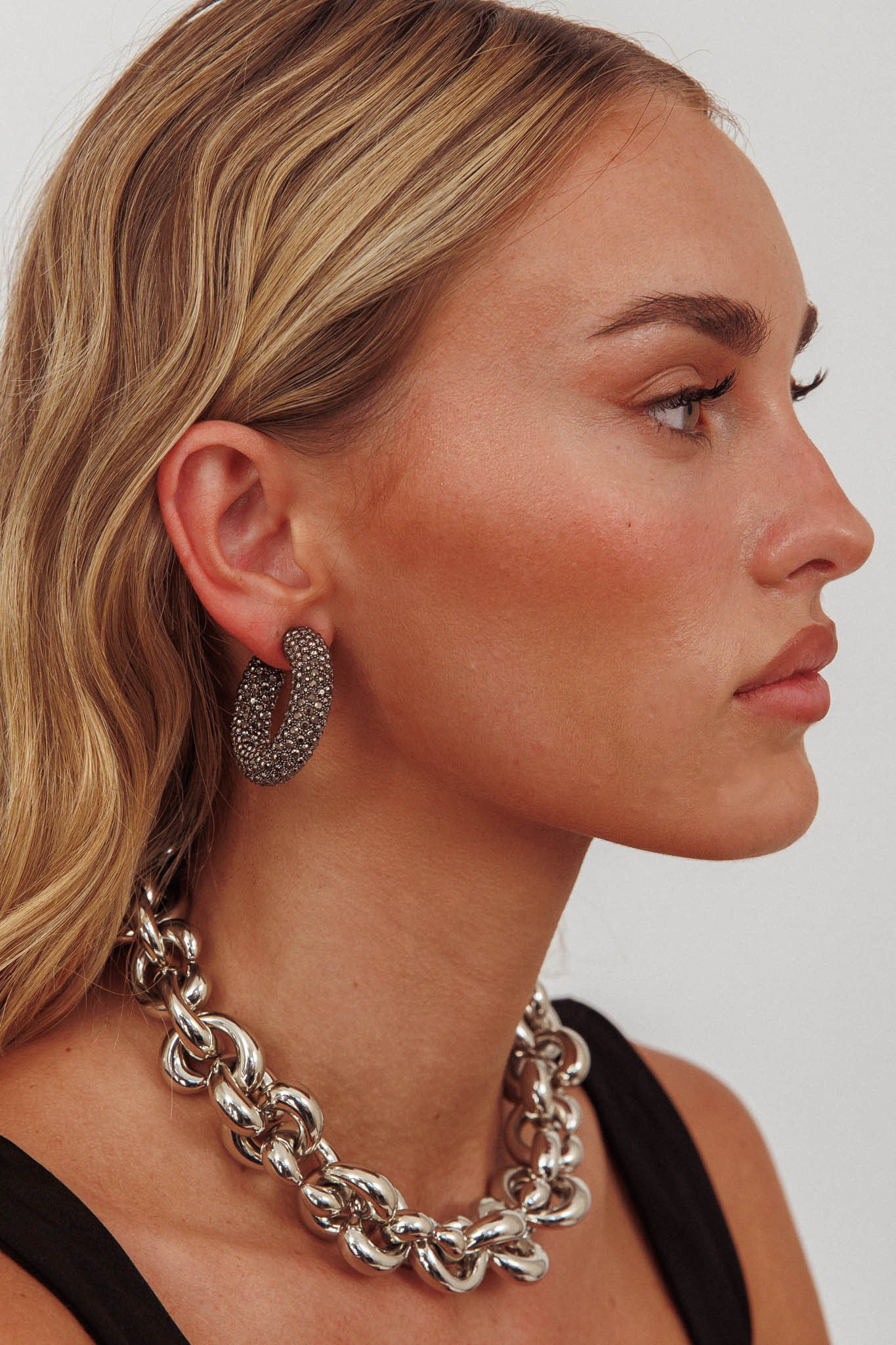 Gigi Semi Hoop Earrings Black Diamante - Sonourner