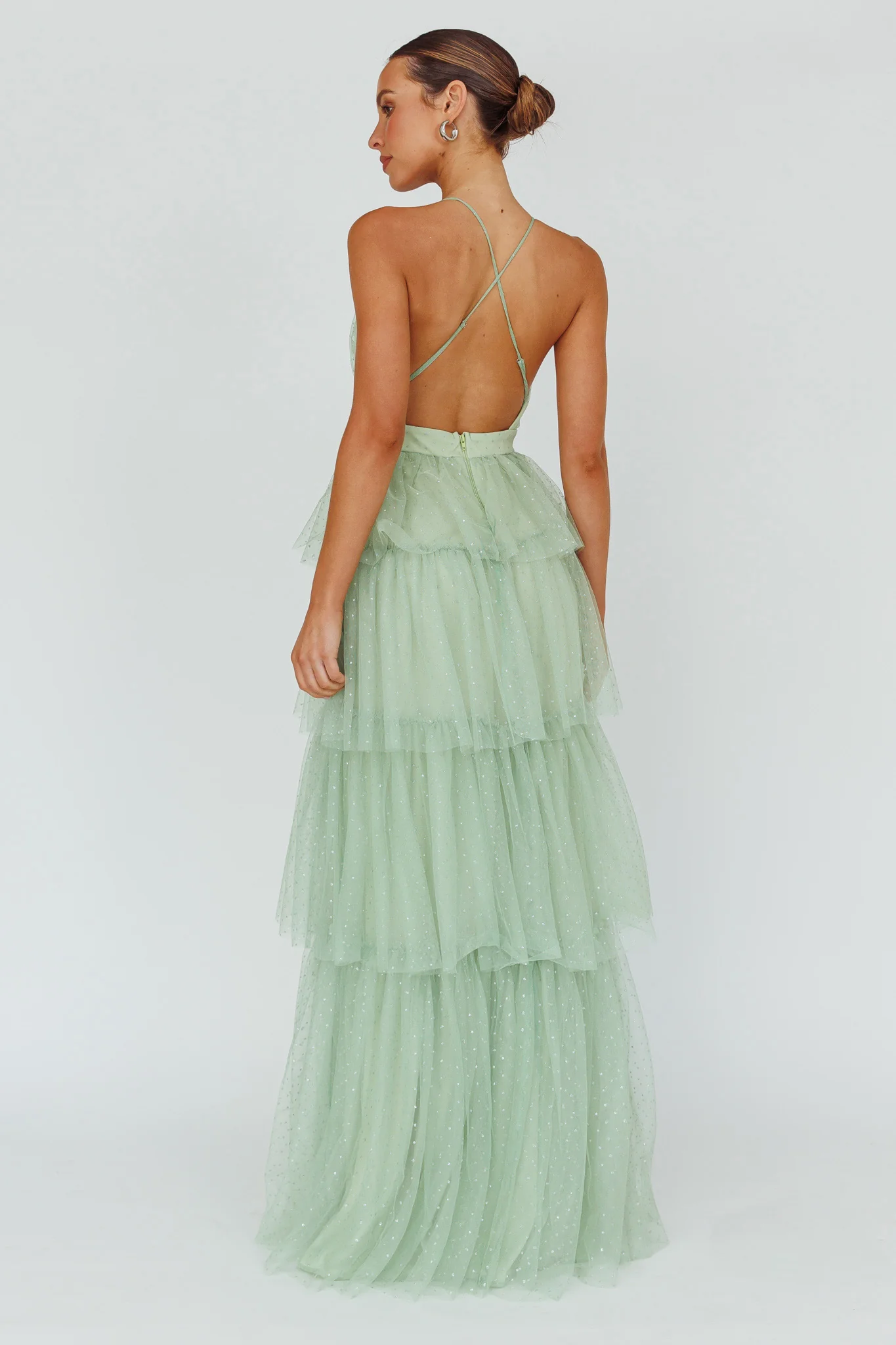 Seylah Tiered Frill Maxi Dress Glitter Sage - Sonourner