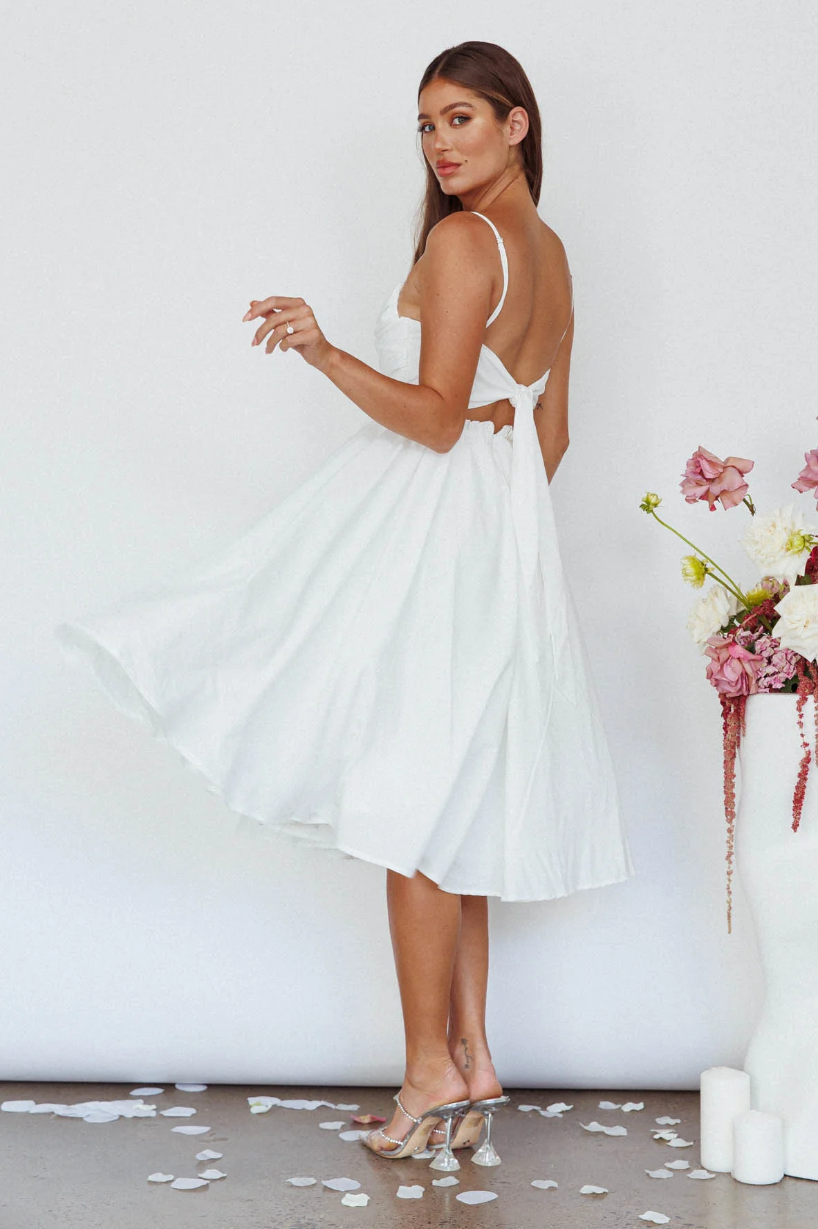 Salome Tied Back Knee Length Dress White - Sonourner